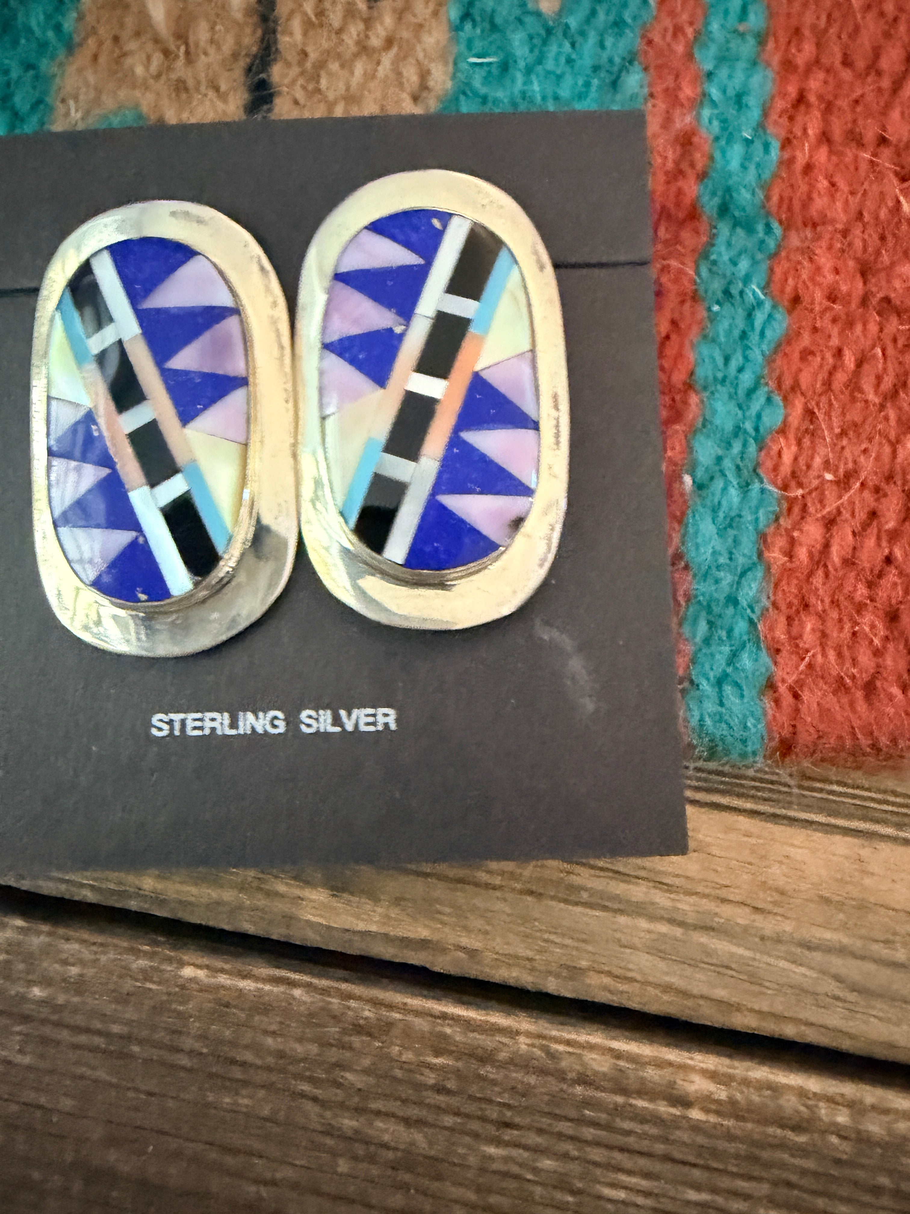 Old Pawn Handcrafted Sterling Silver & Multi Stone Inlay Post Earrings