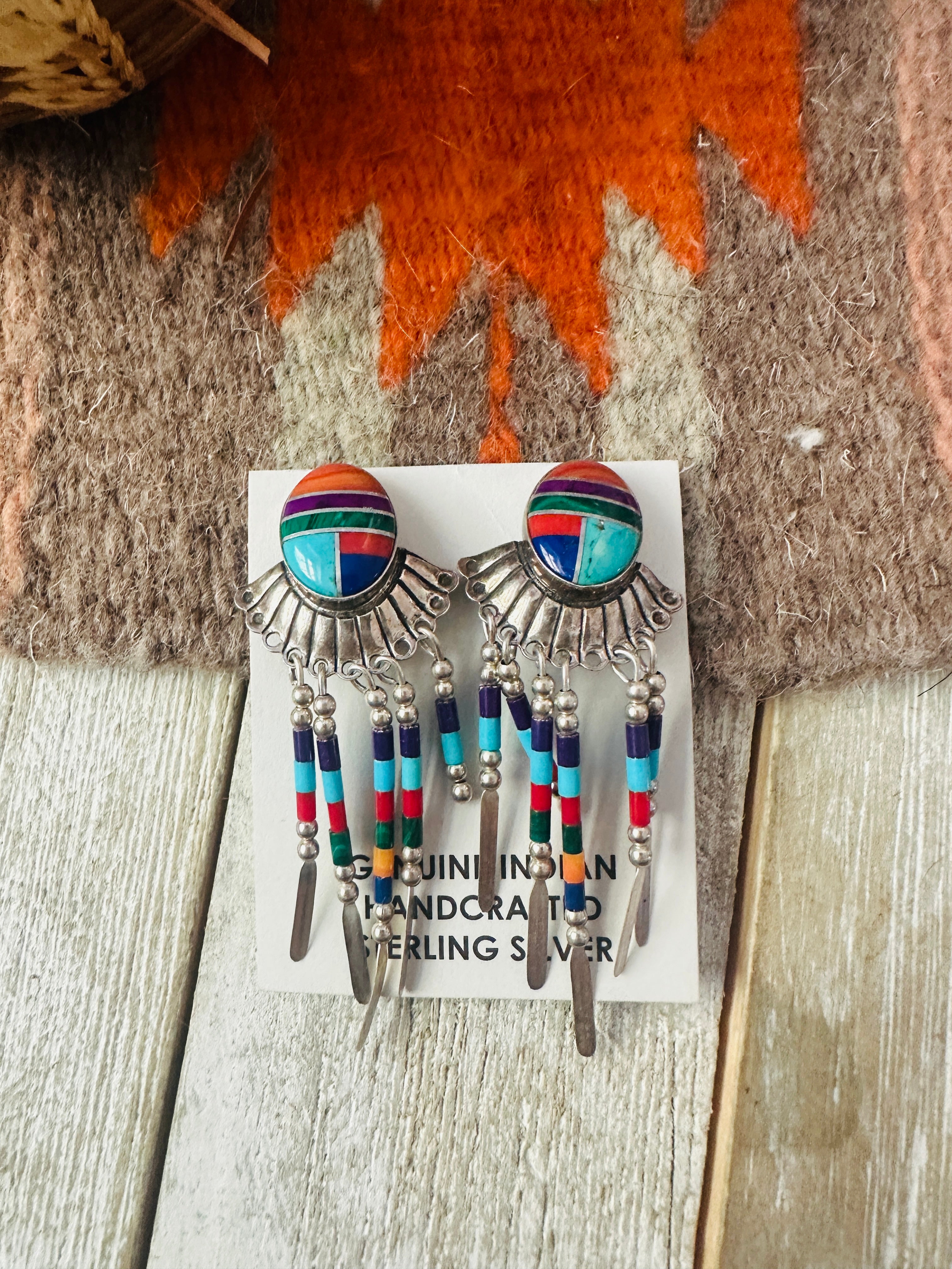 Handcrafted Sterling Silver & Multi Stone Inlay Dream Catcher Clip On Dangle Earrings