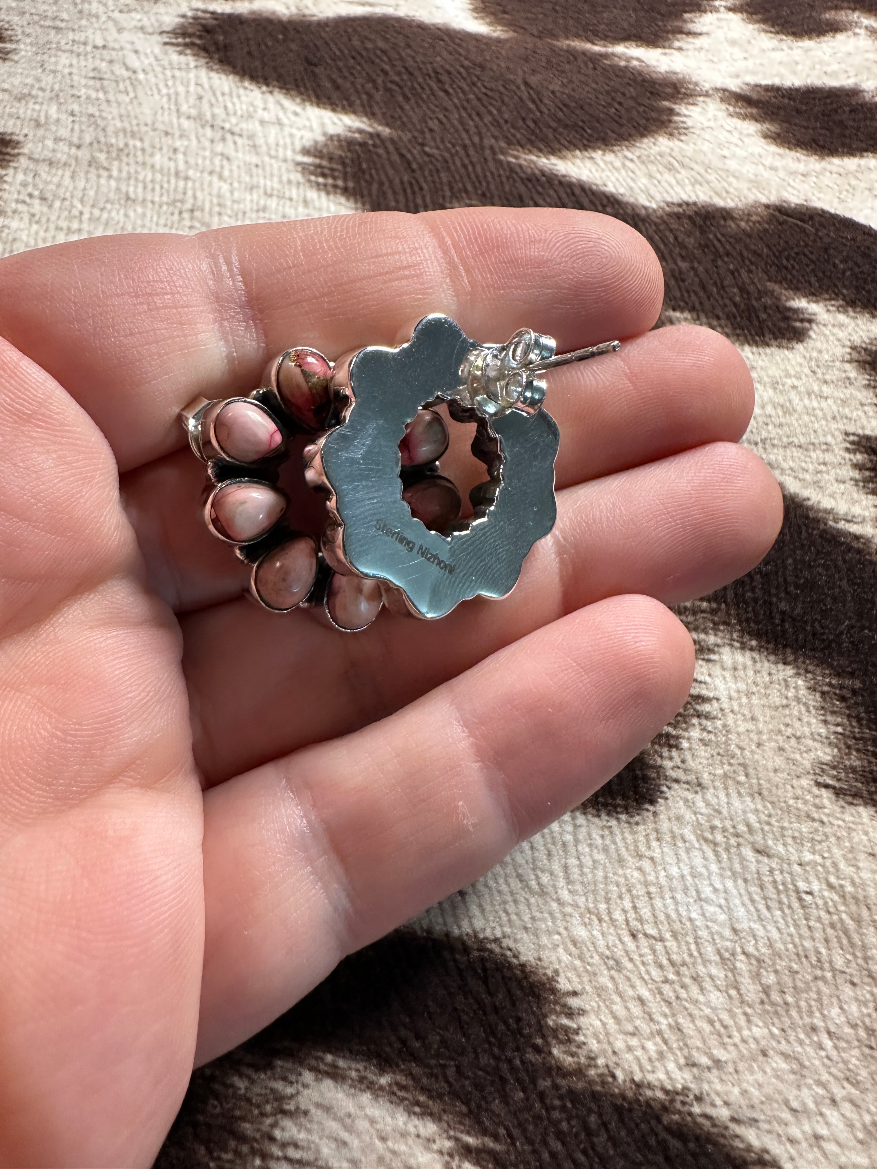 Handmade Dahlia Rose & Sterling Silver Post Circle Earrings Signed Nizhoni