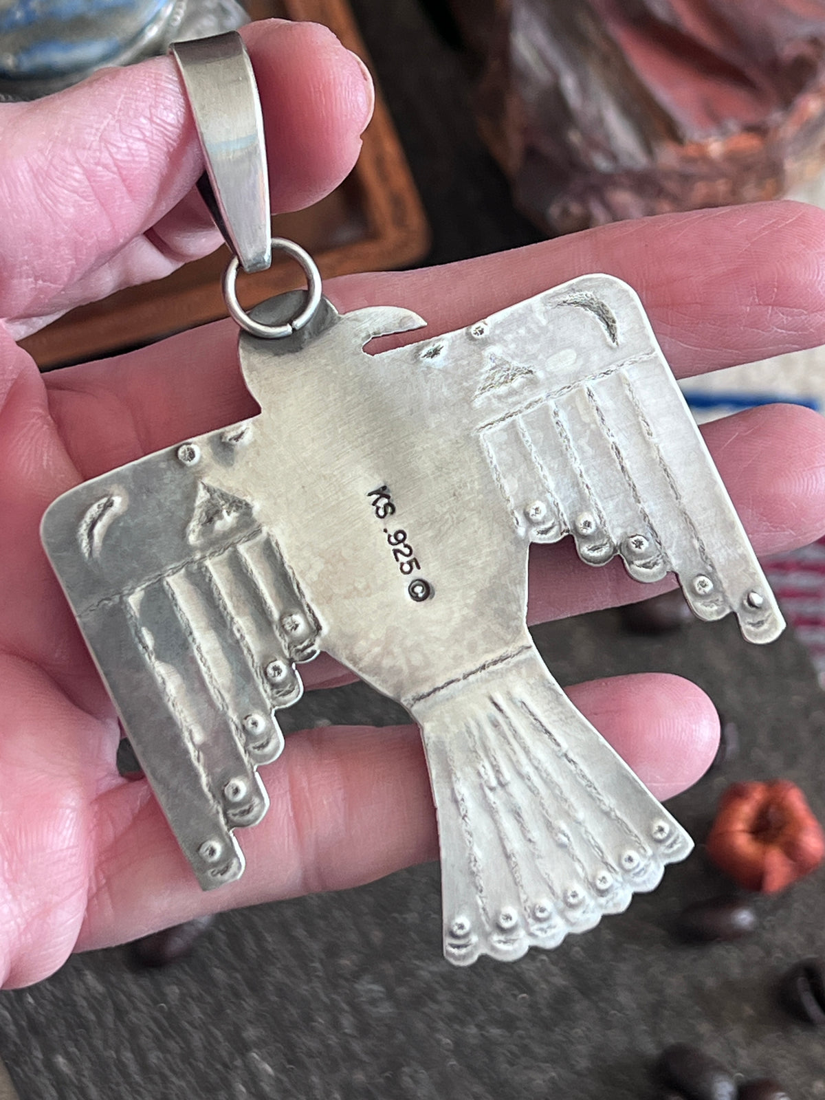 Kimari Somers Hand Stamped Sterling Silver & Royston Turquoise Thunderbird Pendant