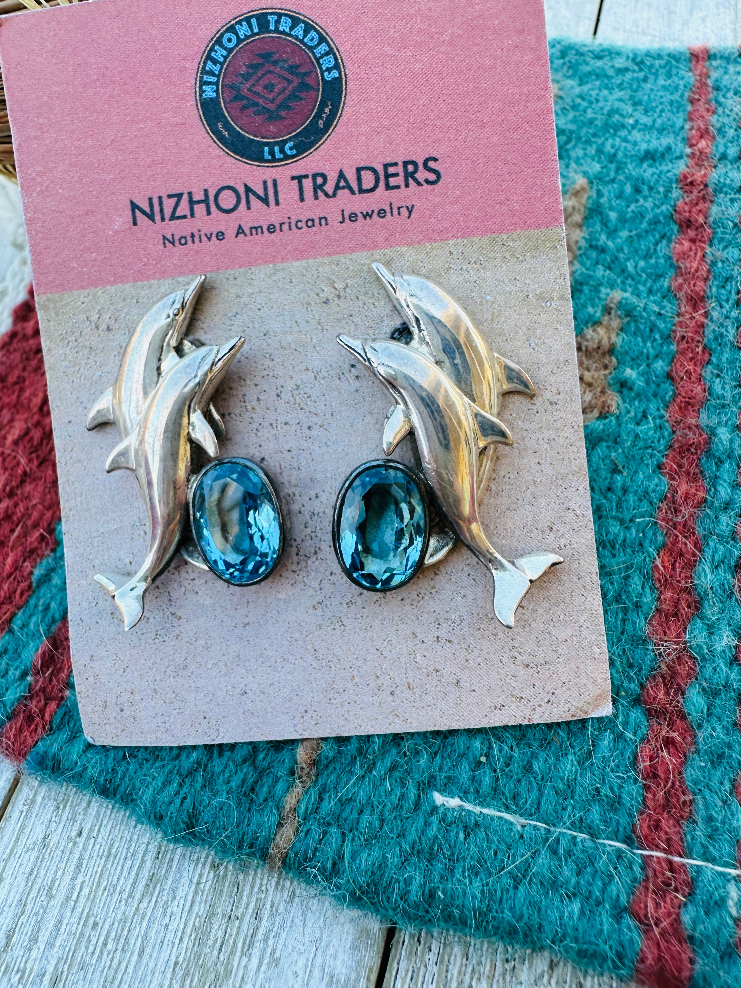 Handcrafted Old Pawn Sterling Silver and Topaz Dolphin Post Earrings