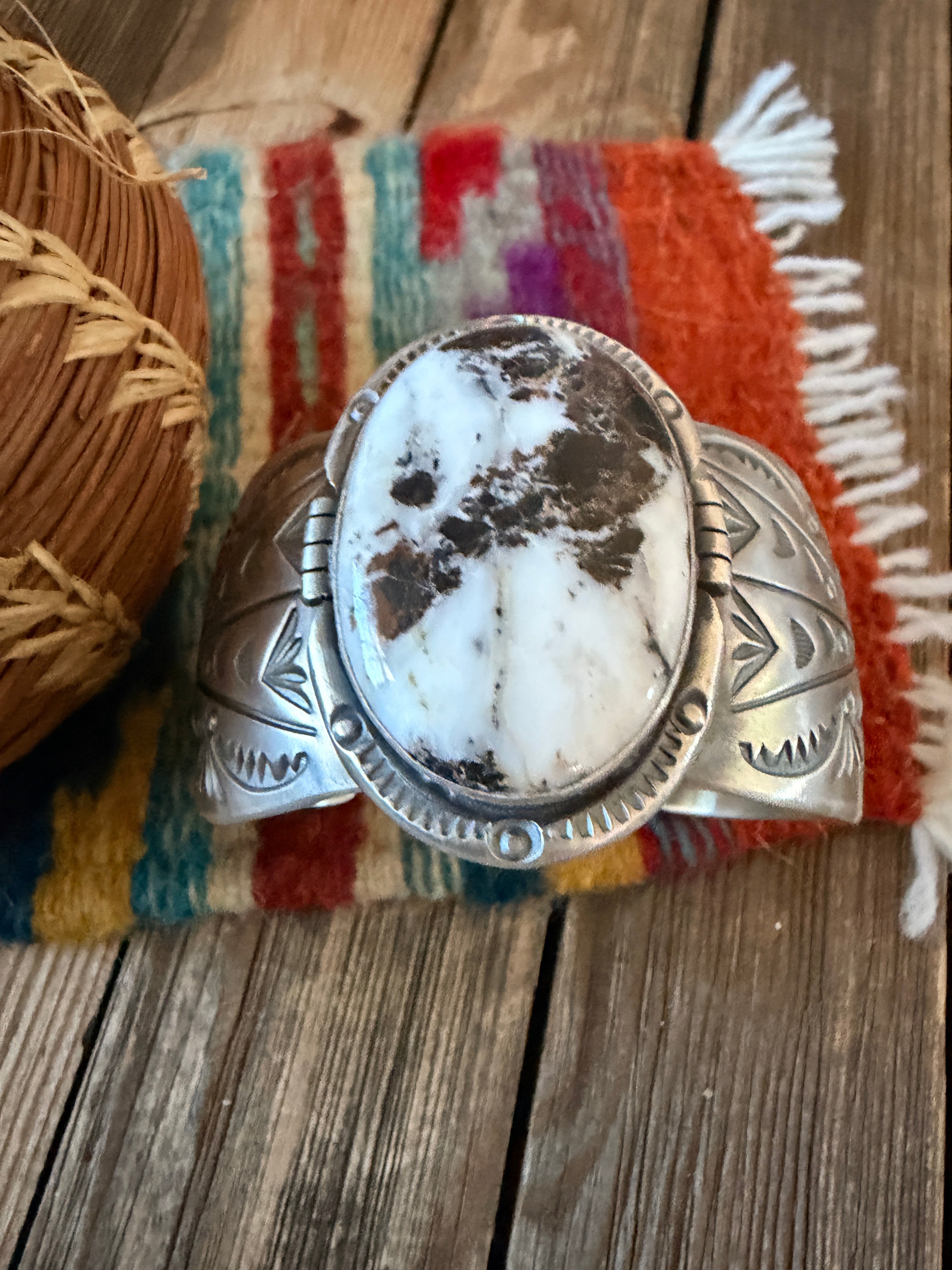 Handcrafted White Buffalo & Sterling Silver Cuff Bracelet by Delbert Secatero