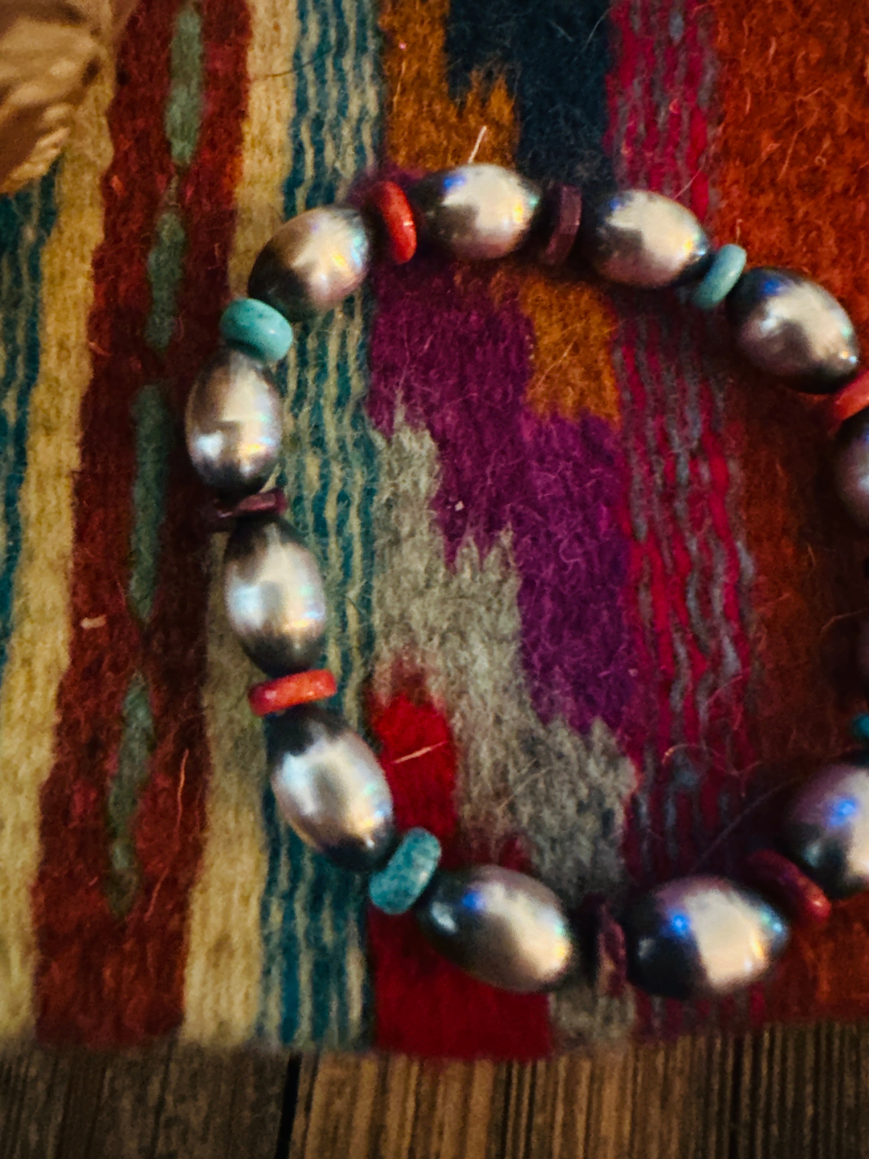 Handcrafed Turquoise, Spiny & Sterling Silver Pearl Beaded Stretch Bracelet