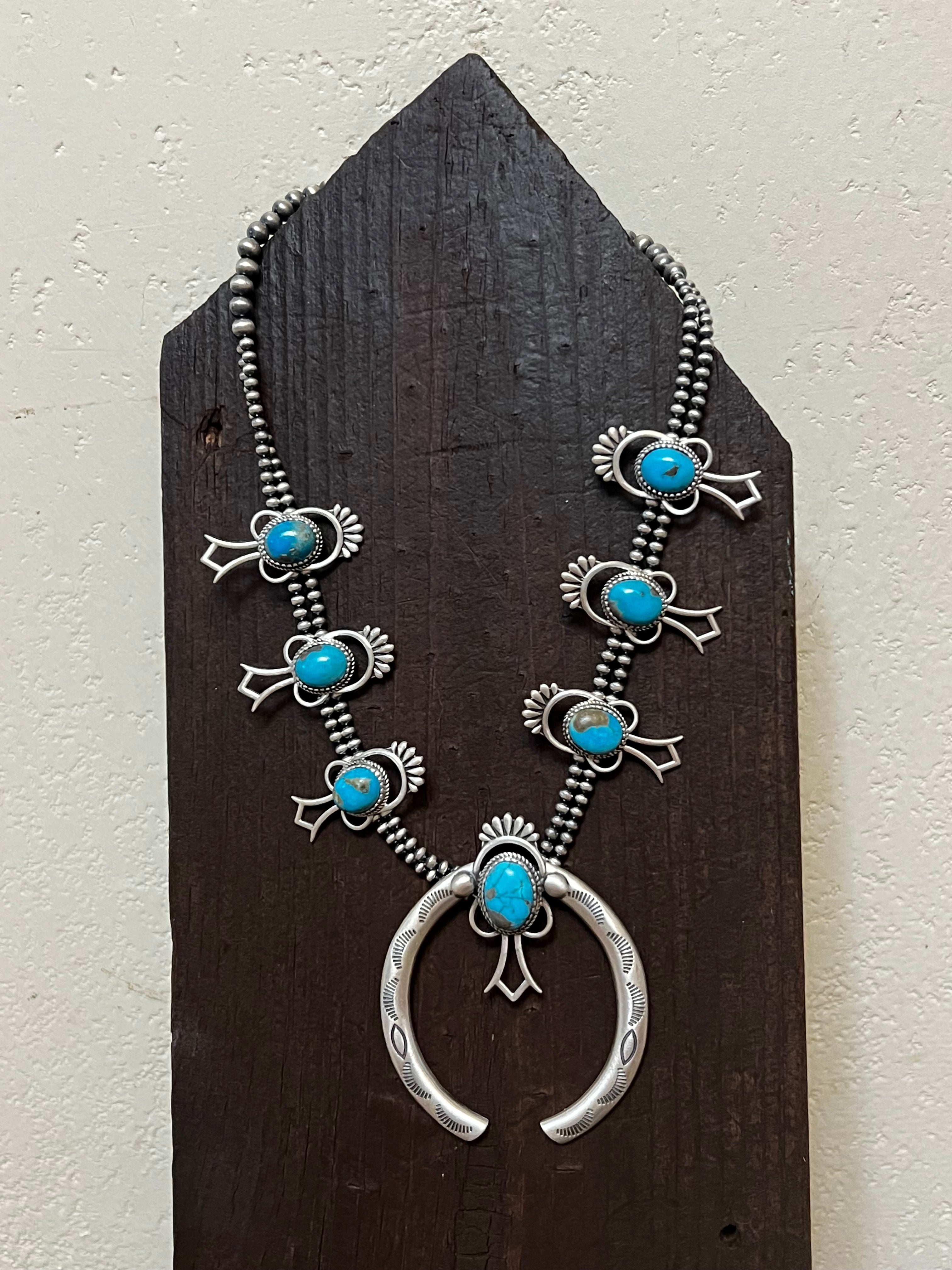 Handmade Sterling Silver & Kingman Turquoise Squash Blossom Naja Necklace