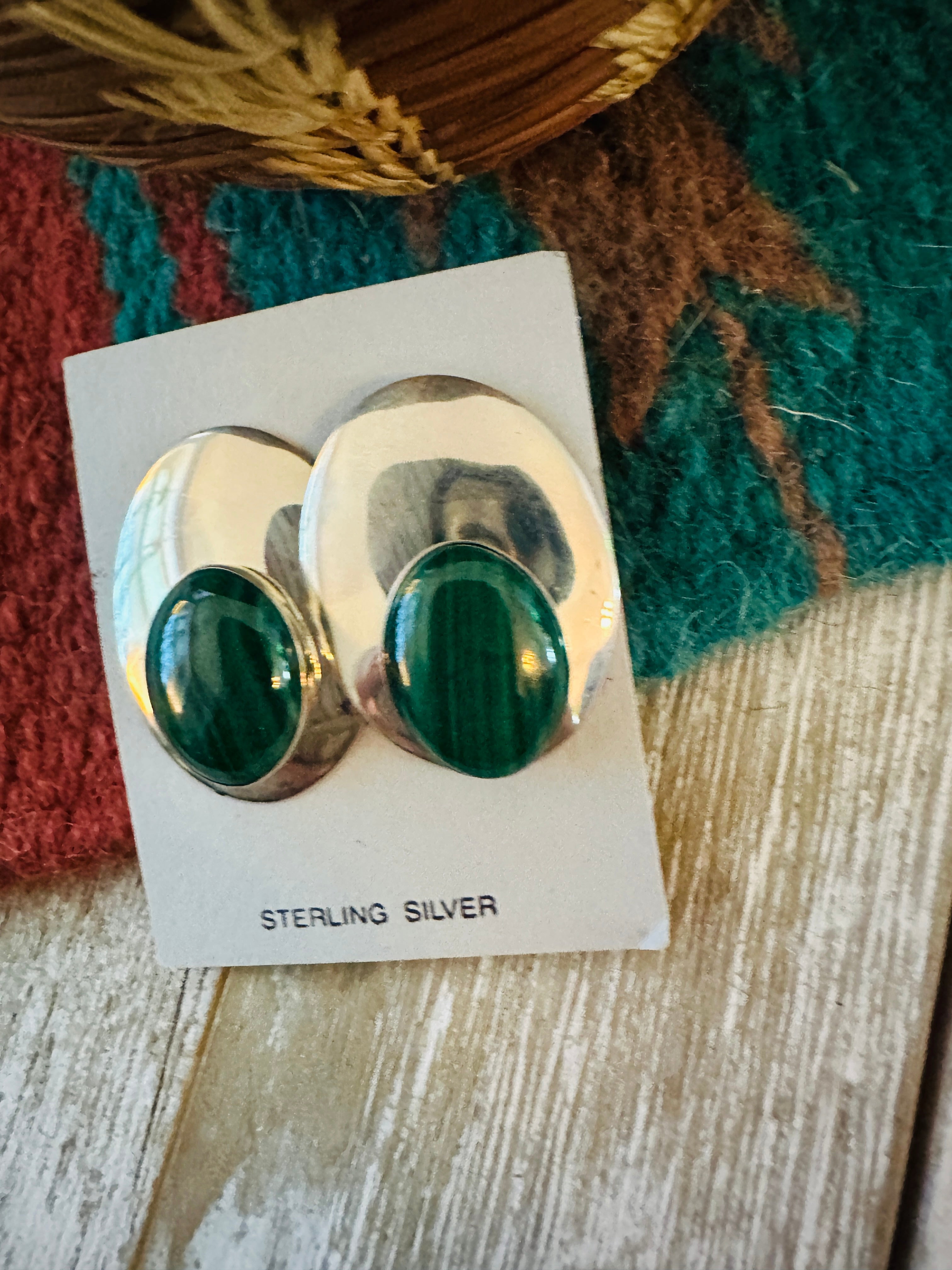 Handcrafted Malachite & Sterling Silver Clip On Earrings