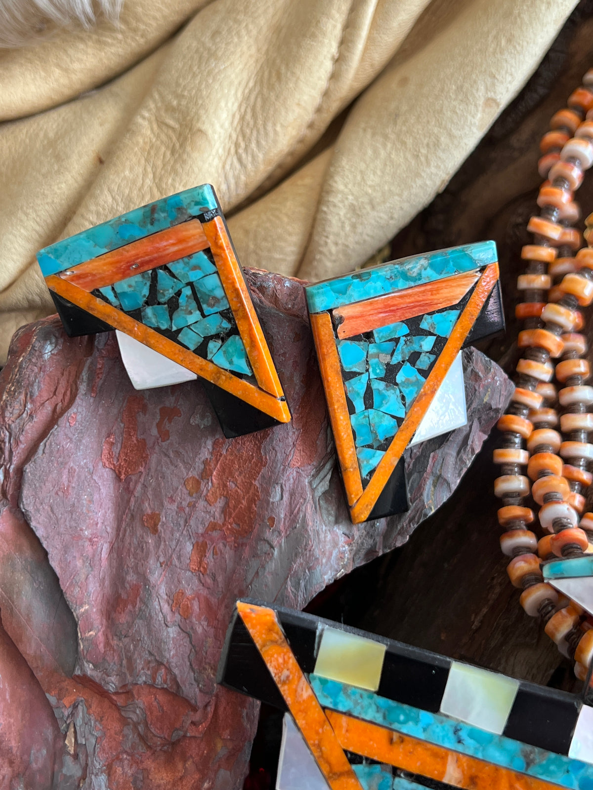 Warren Nieto Inlay Turquoise and Spiny Oyster Thunderbird Necklace & Earrings Set