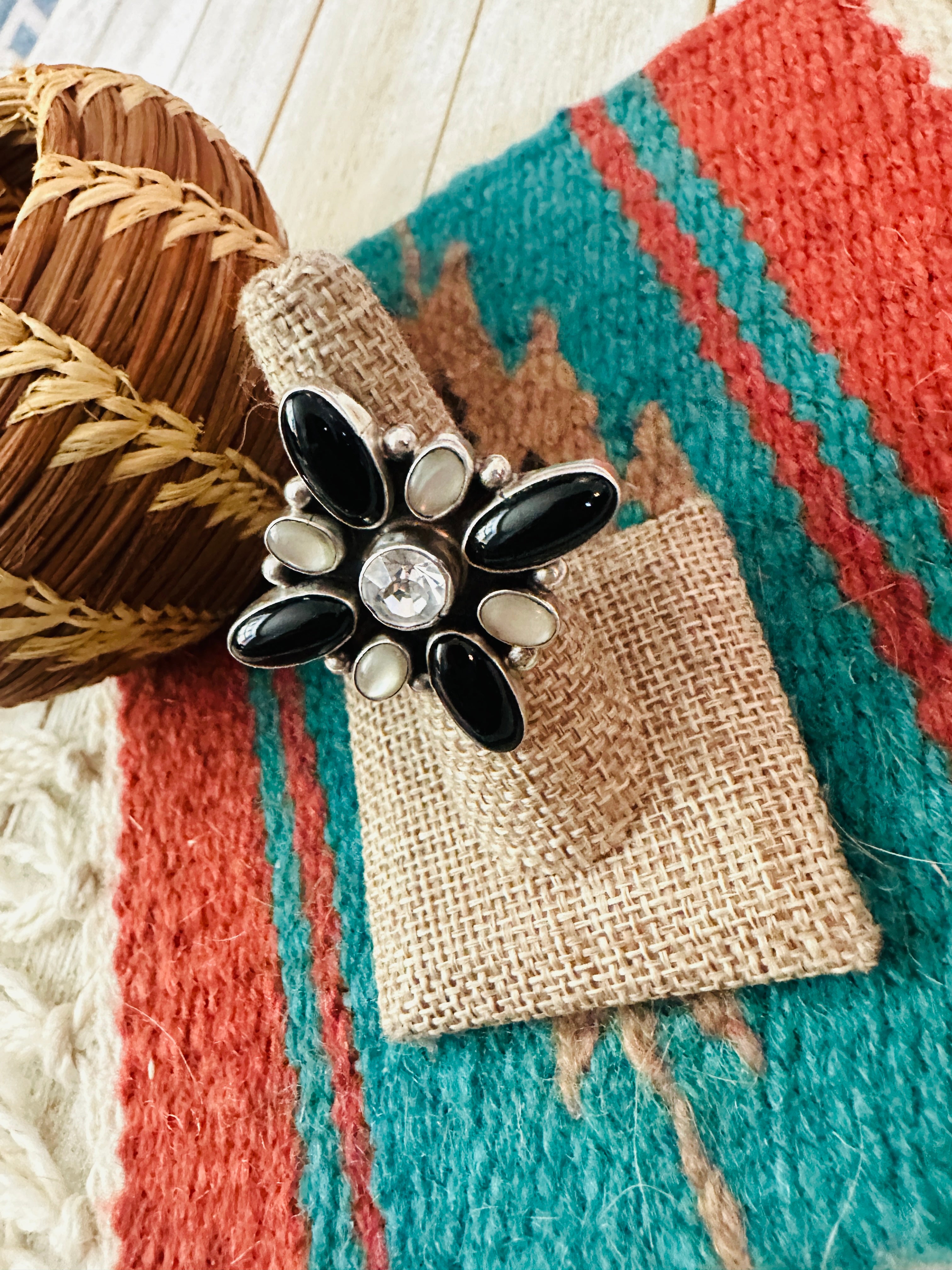 Handcrafted Onyx, Mother of Pearl, CZ & Sterling Silver Adjustable Ring by Jacqueline Silver