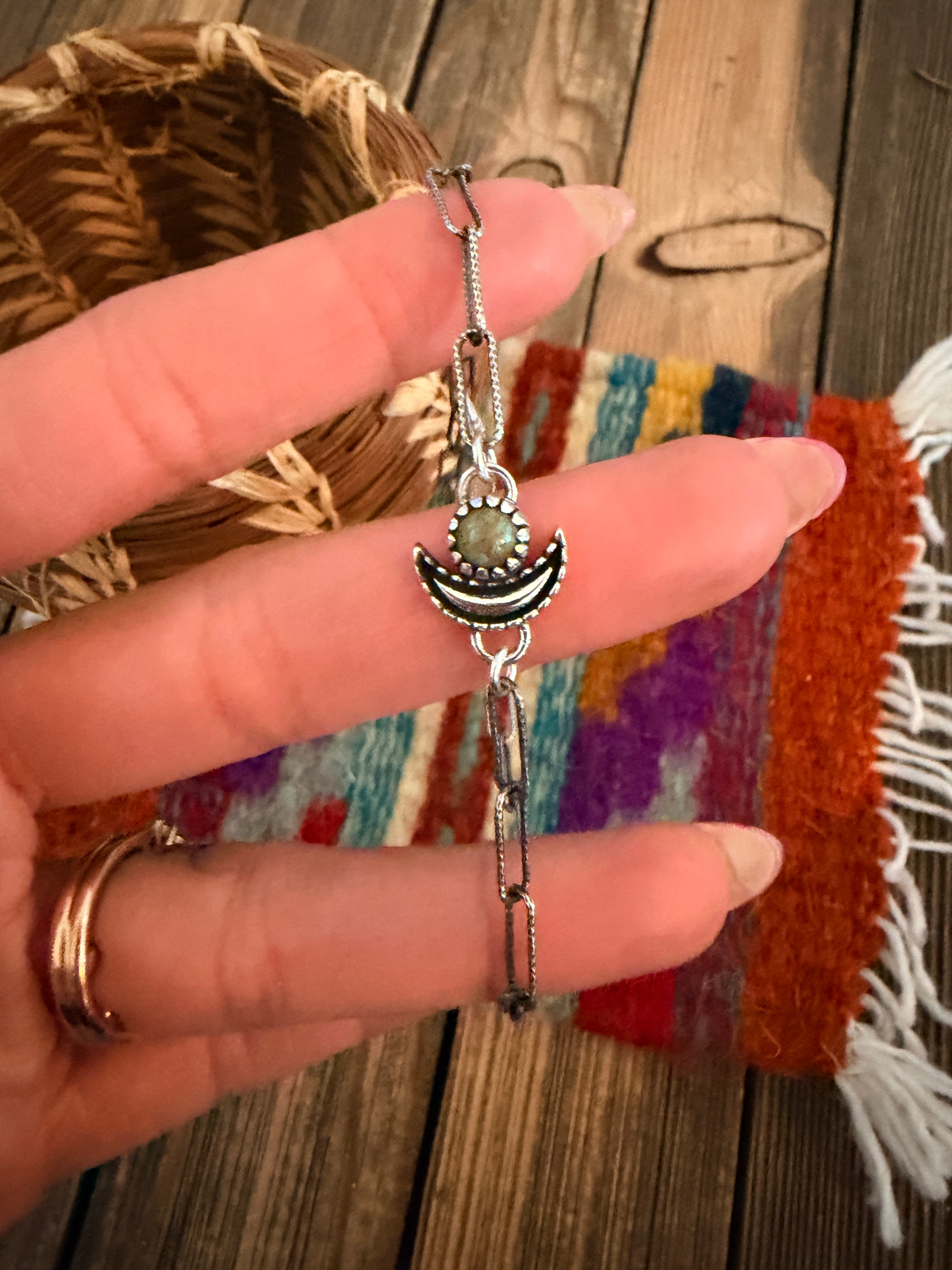 Handmade Kingman Turquoise & Sterling Silver Moon Anklet