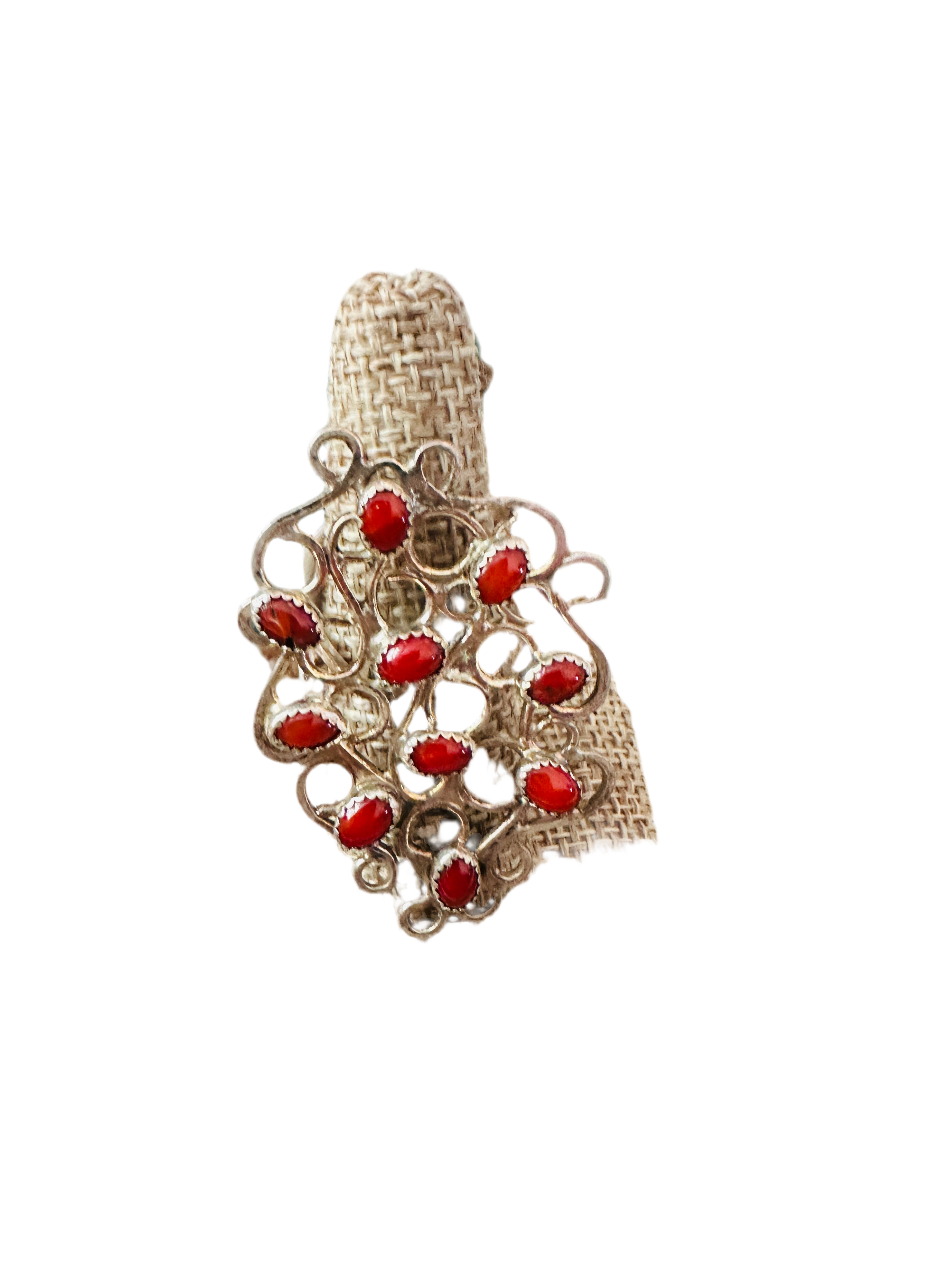 Handcrafted Sterling Silver & Coral Abstract Statement Ring Size 8.5