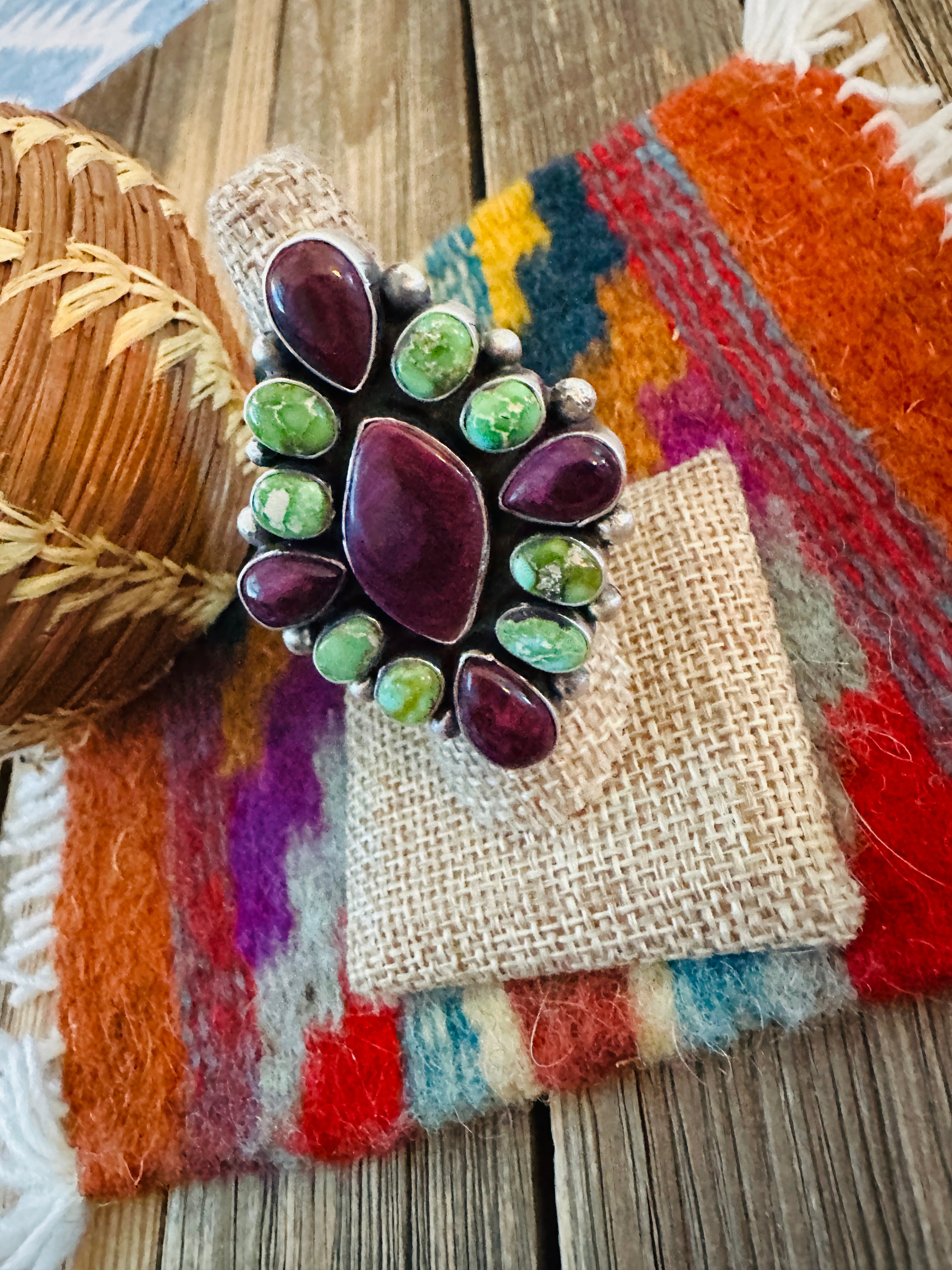 Handcrafted Spiny, Turquoise & Sterling Silver Adjustable Cluster Ring by Rena Shelly