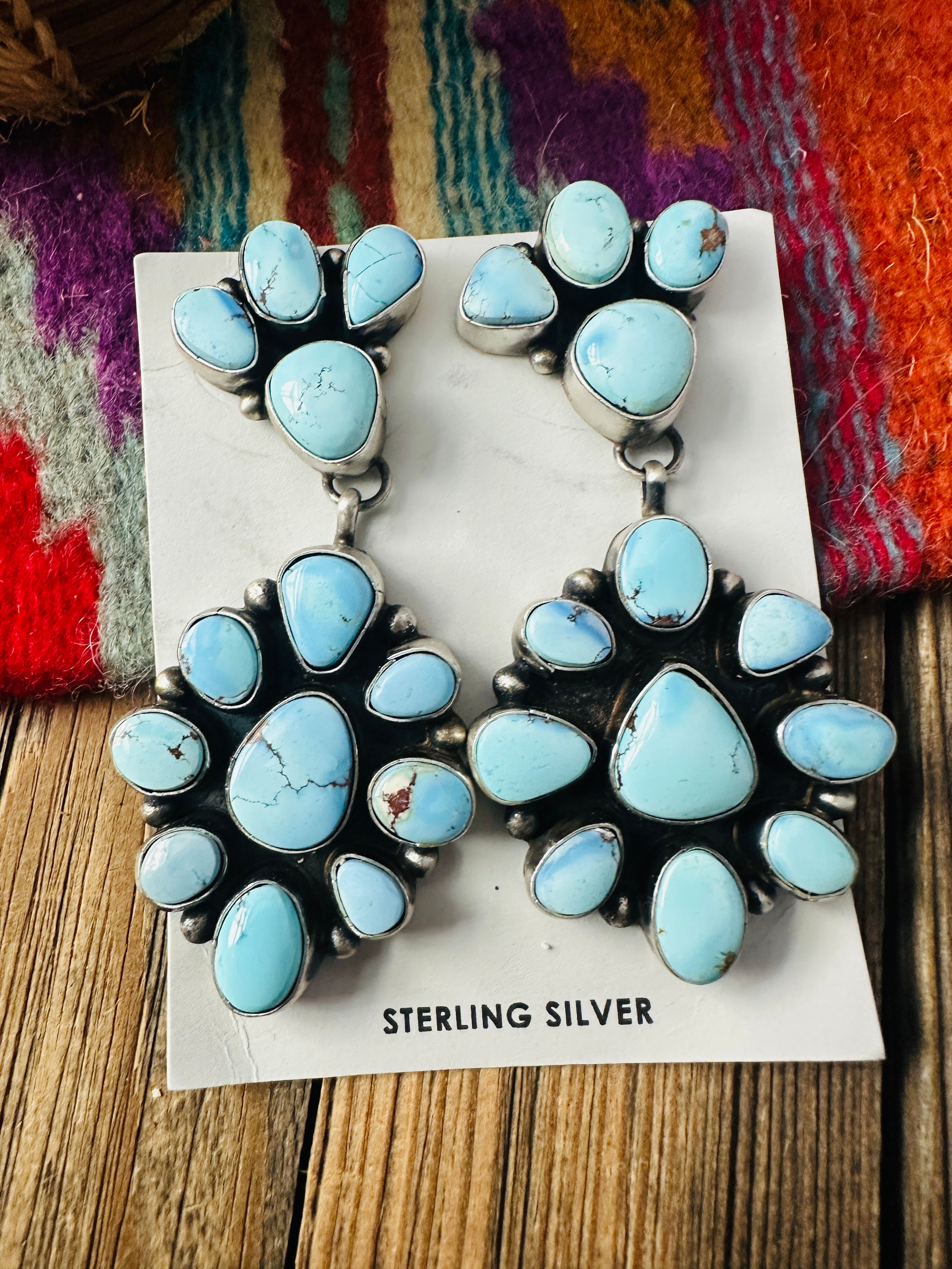 Handcrafted Golden Hills Turquoise & Sterling Silver Cluster Dangle Earrings