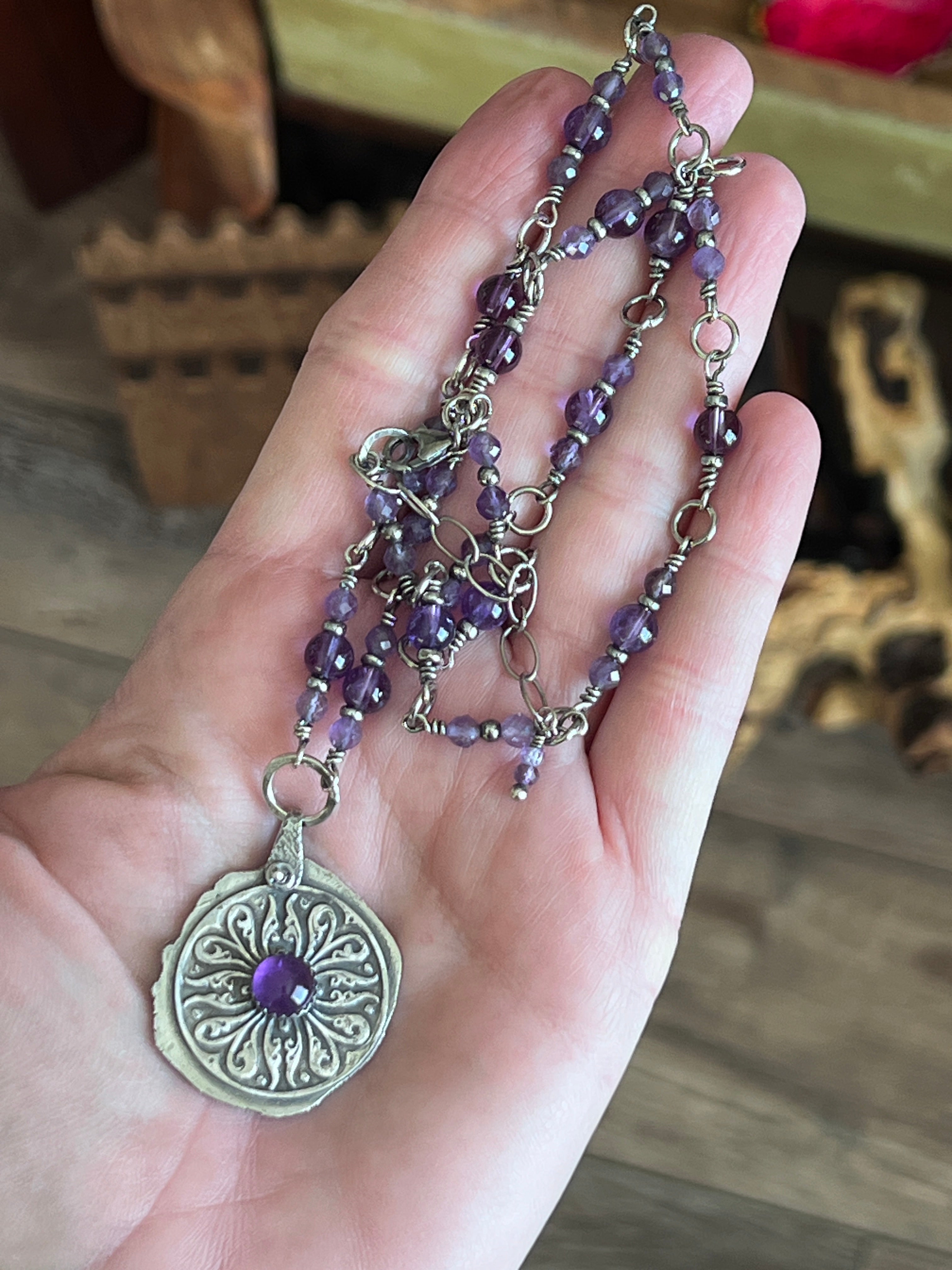 Tularosa Rosary Style Sterling Silver and Amethyst Relic Coin Necklace