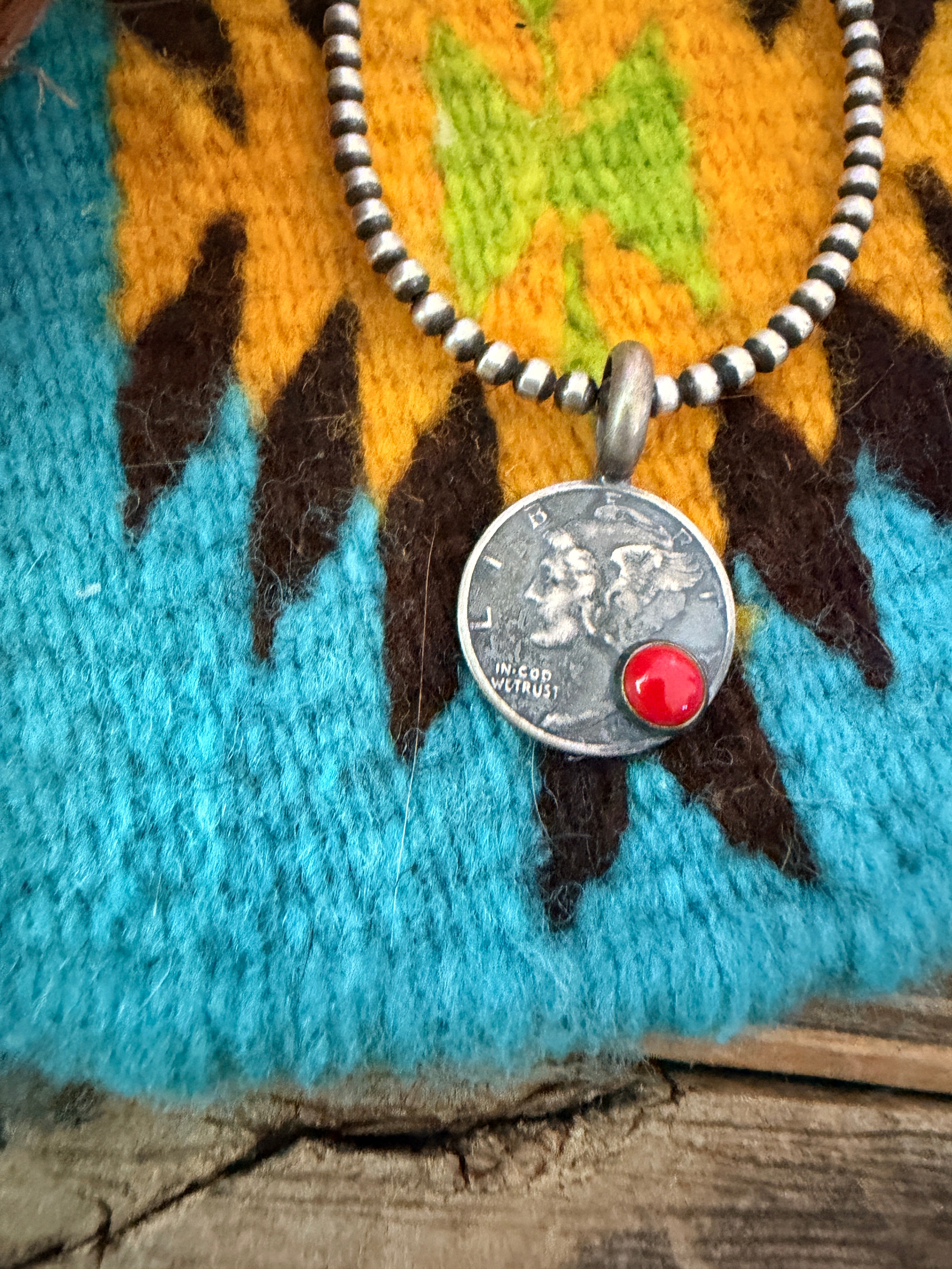 Handcrafted Sterling Silver & Coral Liberty Dime Pendant