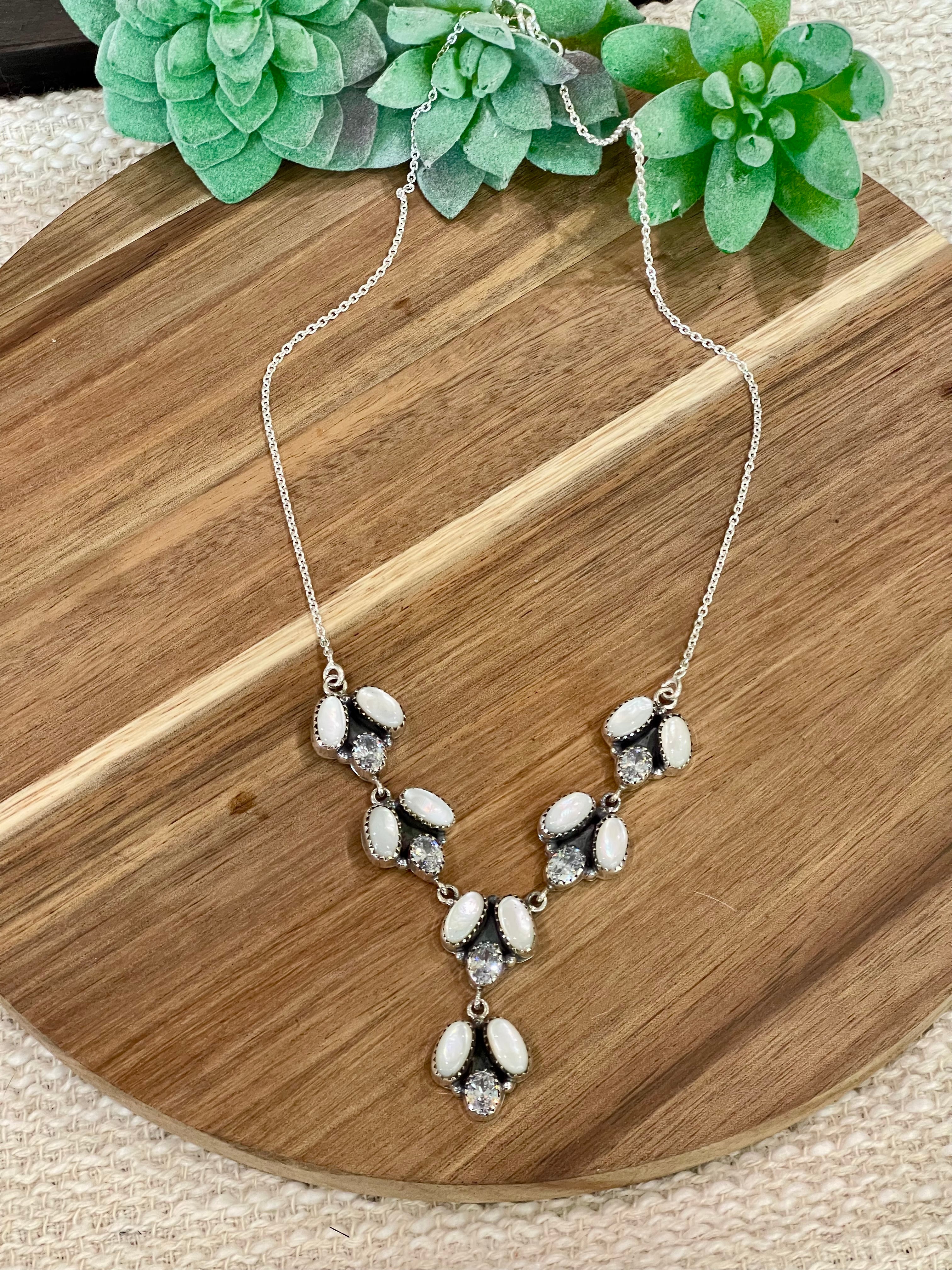 Handmade Mother of Pearl, Sterling Silver & Cubic Zirconia Necklace