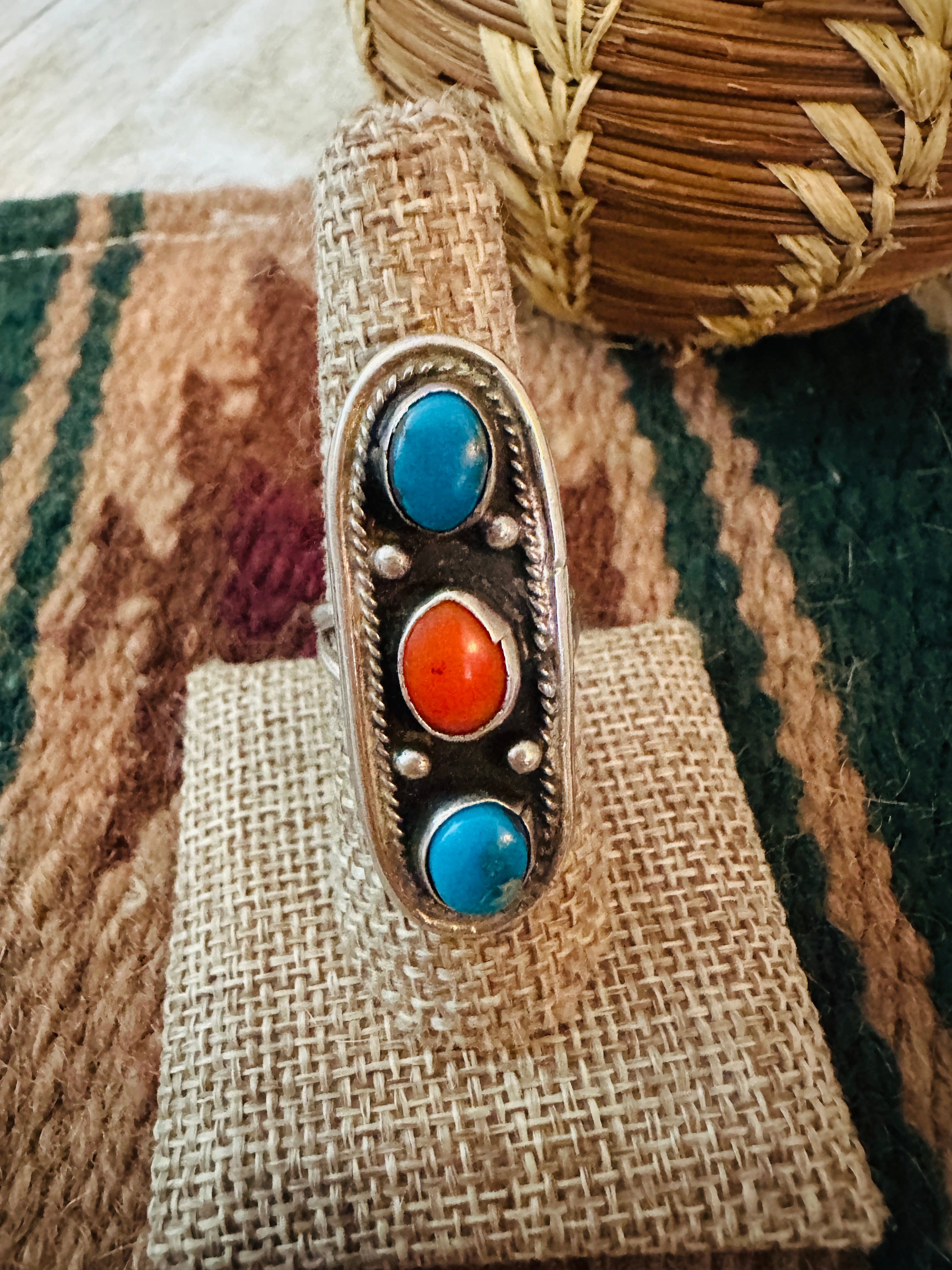 Handcrafted Old Pawn Turquoise, Coral and Sterling Silver Ring Size 8