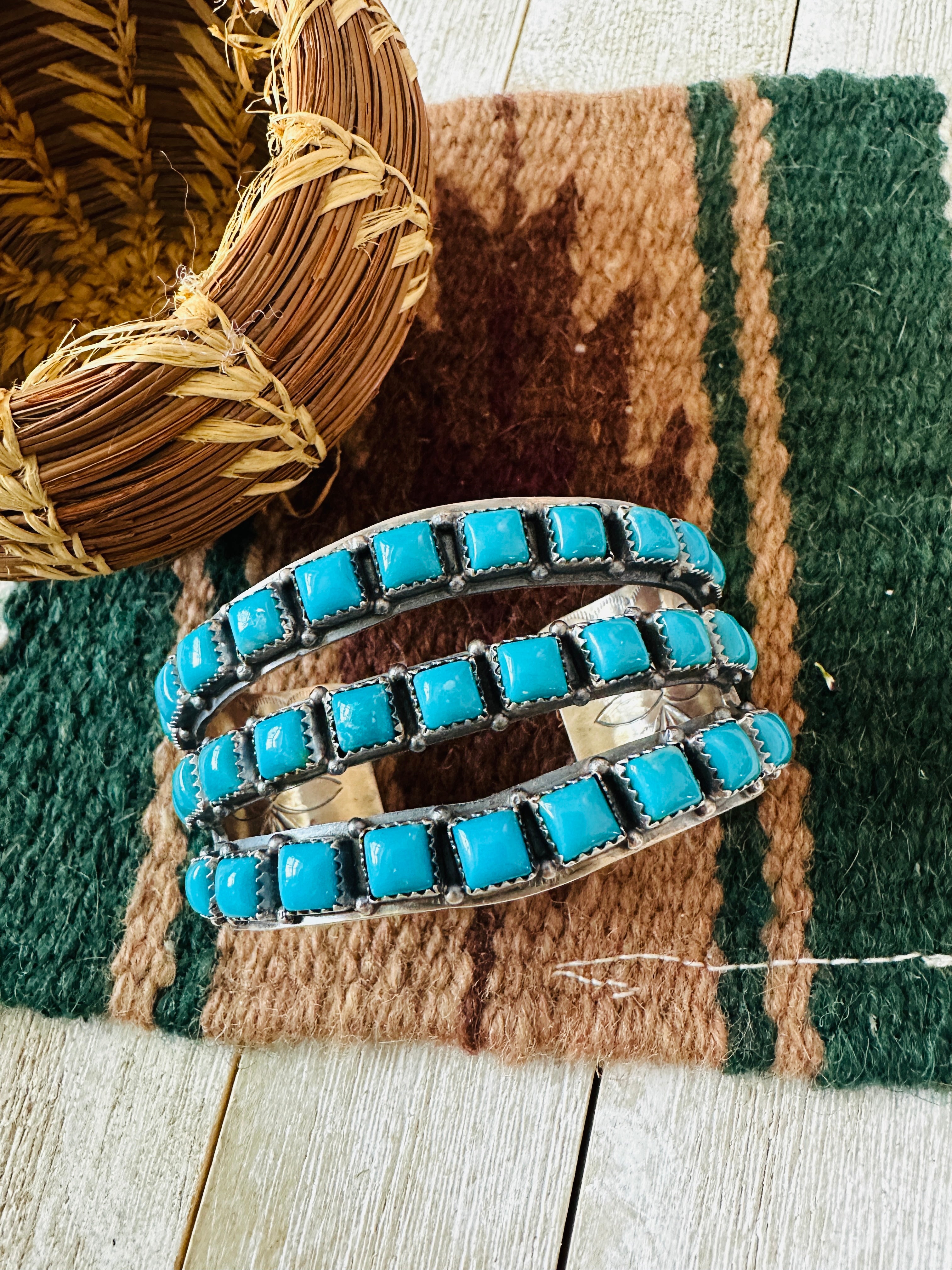 Handcrafted Sterling Silver & Turquoise Triple Row Cuff Bracelet /