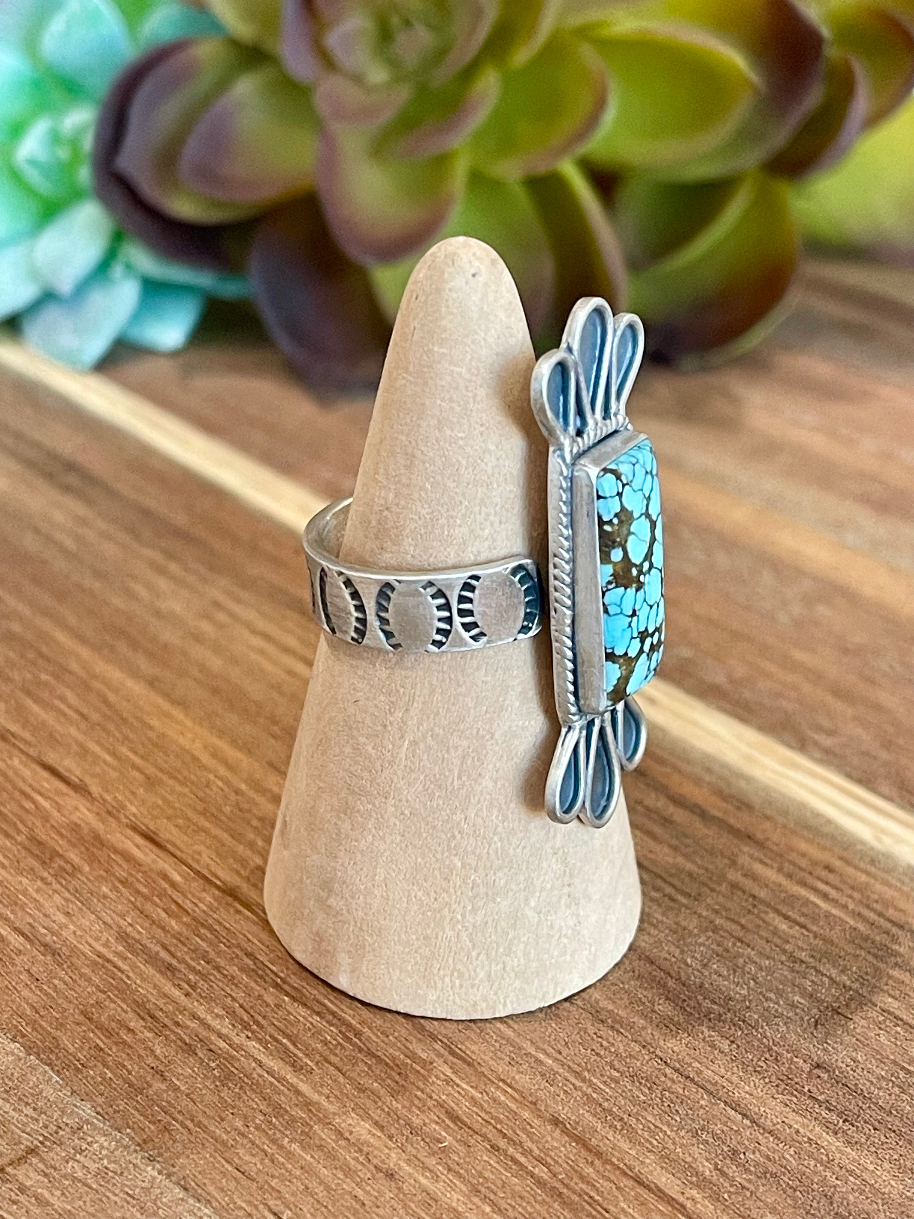 Beautiful Handmade Number 8 Turquoise And Sterling Silver Adjustable Ring