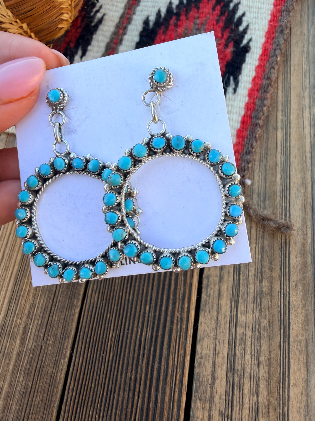 Handcrafted Sterling Silver & Turquoise Petit Point Dangle Hoop Earrings
