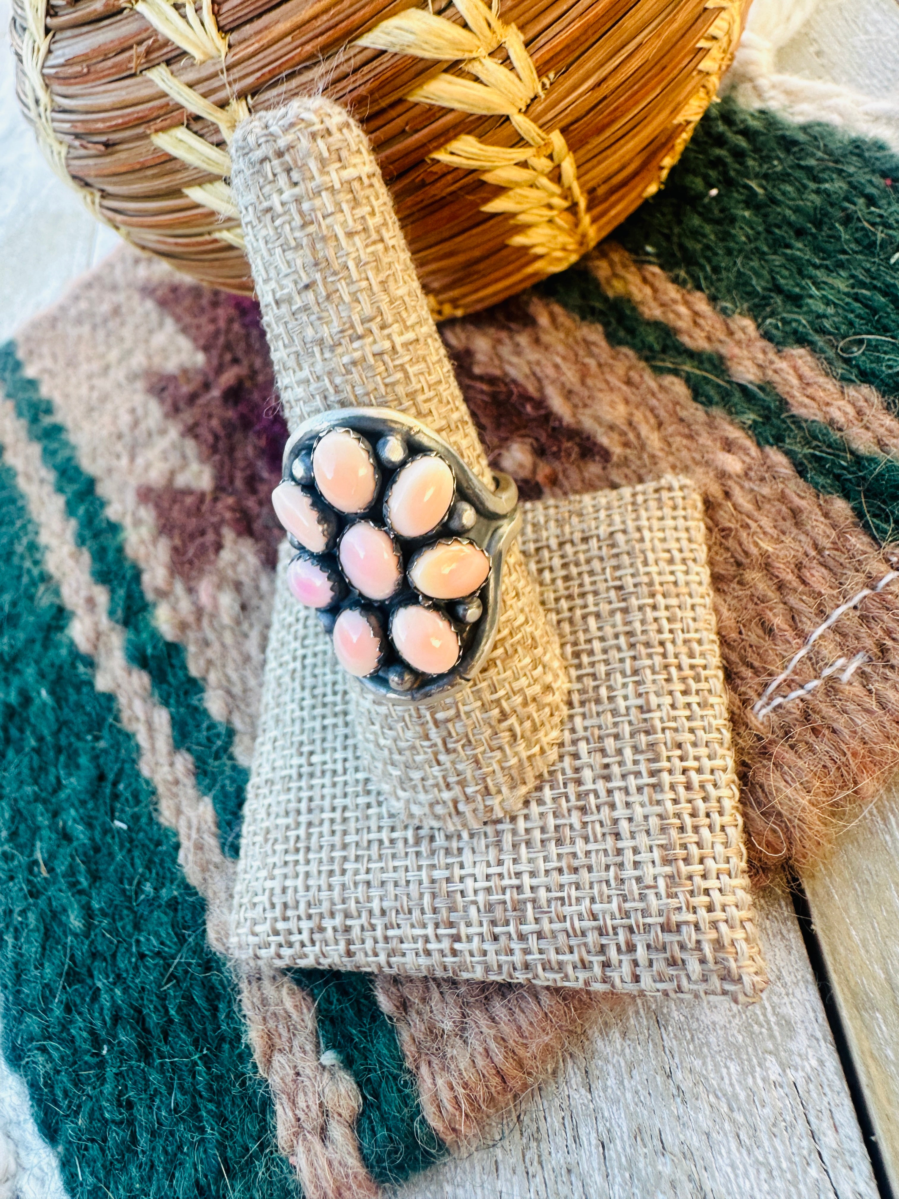 Handcrafted Queen Pink Conch & Sterling Silver Cluster Ring Size 9