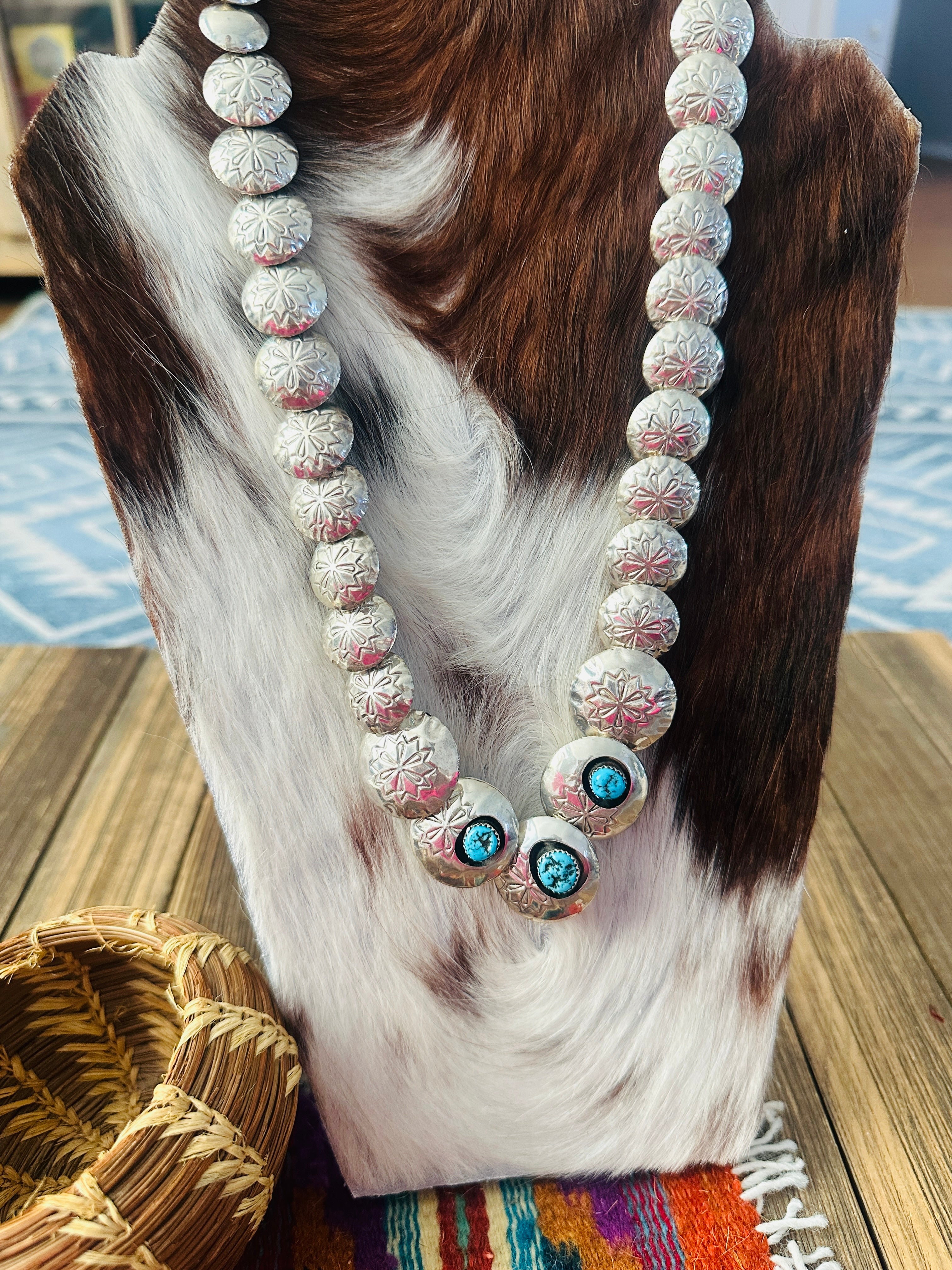 Old Pawn Handcrafted Turquoise, Coral & Sterling Silver Pillow Bead Reversible Necklace