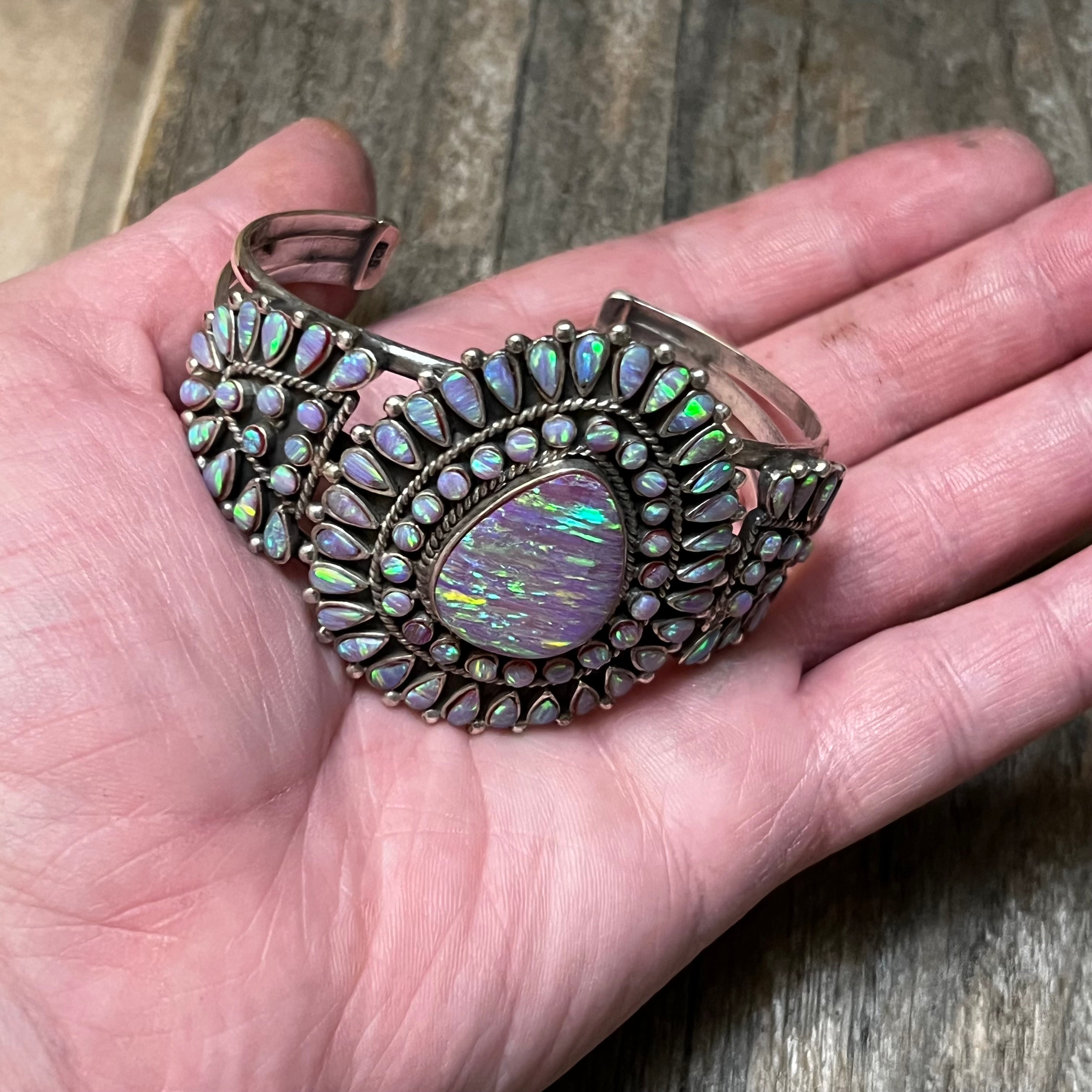 Handmade Sterling Silver & Fire Purple Opal Adorned Ornate Cuff Bracelet