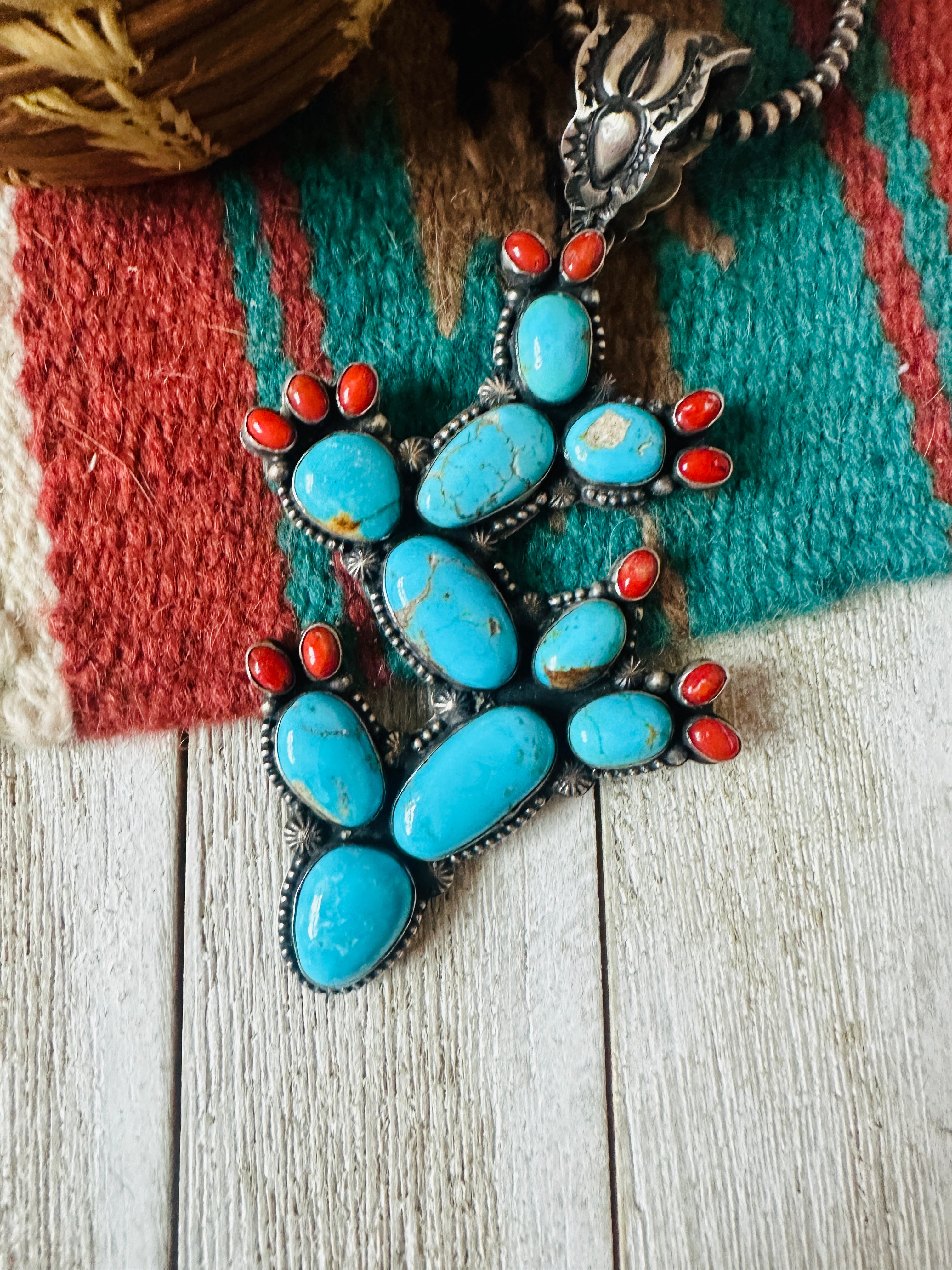 Handcrafted Sterling Silver, Turquoise & Coral Cactus Pendant by Shawn Cayatineto
