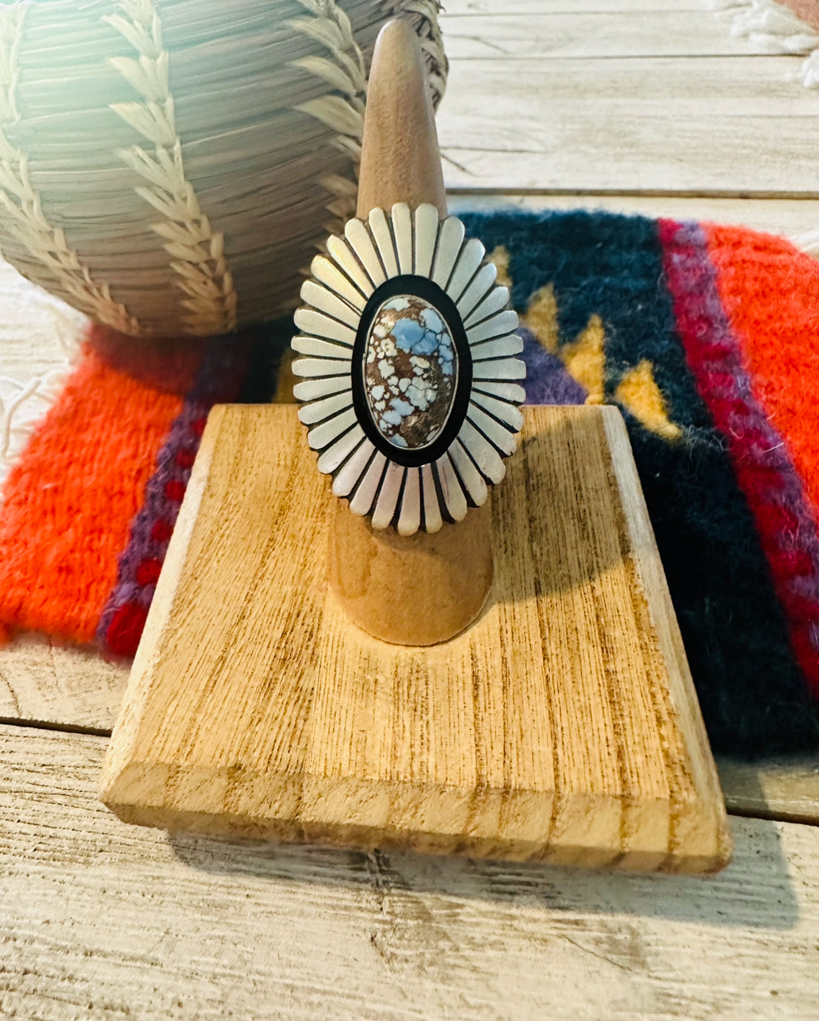 Navajo Golden Hills Turquoise & Sterling Silver Shadowbox Ring Size 6