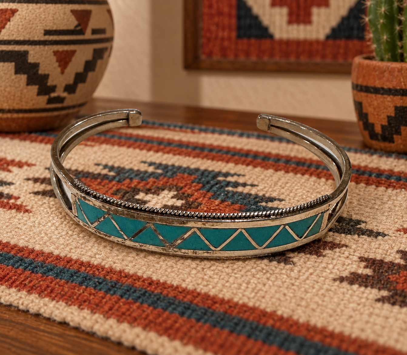 Handcrafted Turquoise & Sterling Silver Inlay Cuff Bracelet