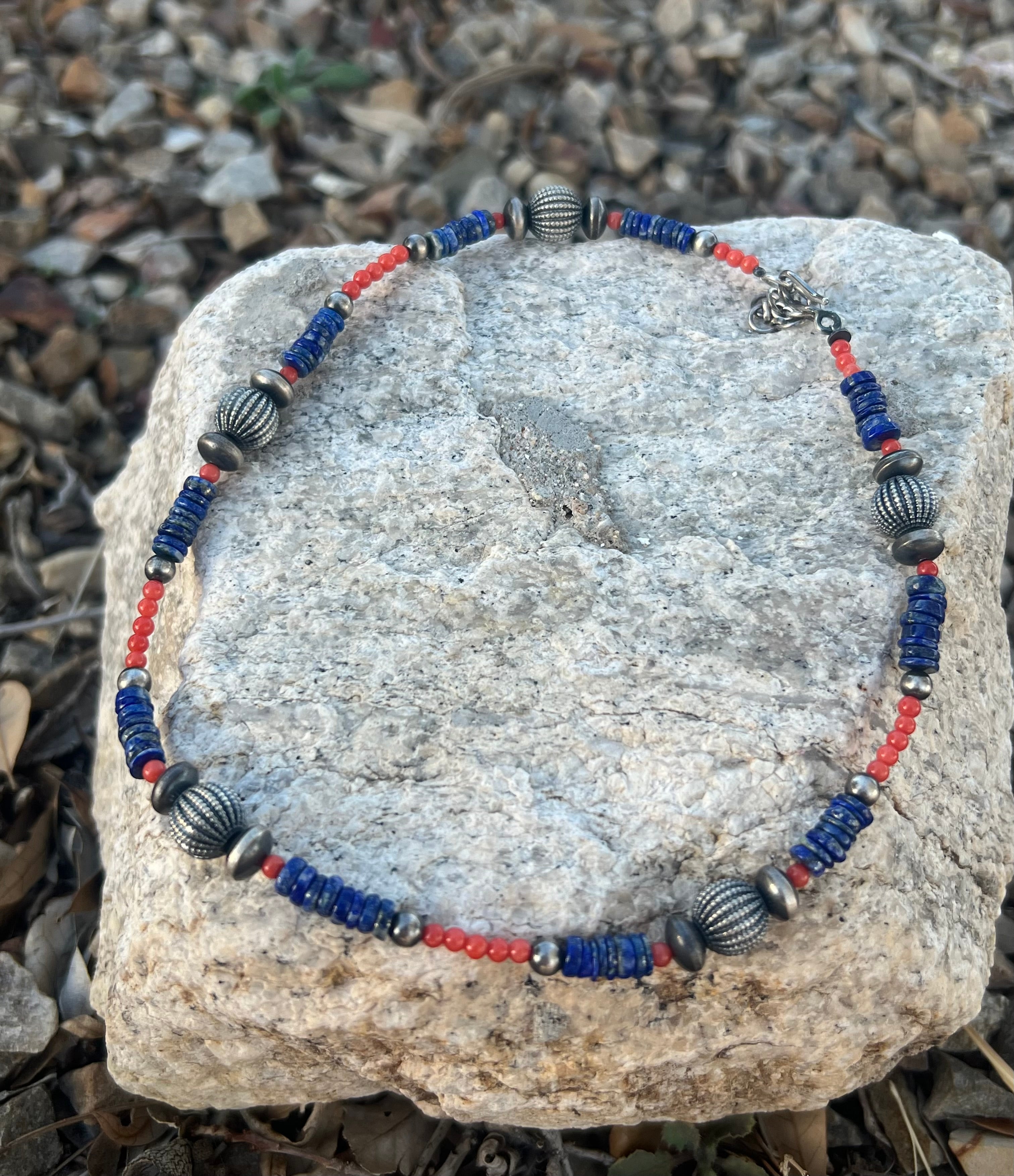 Handmade Coral & Lapis Beaded Sterling Silver Necklace