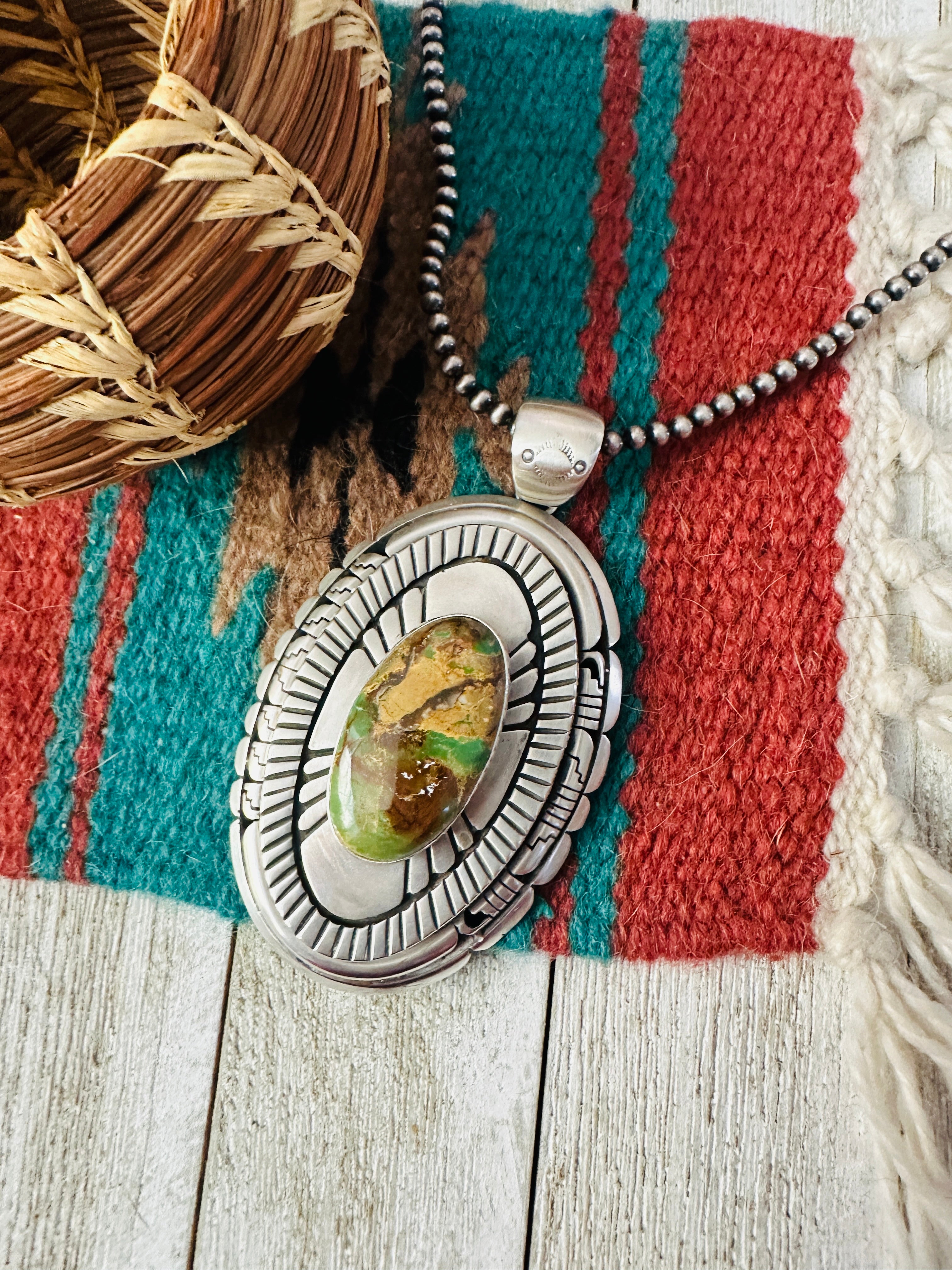 Handcrafted Ribbon Turquoise & Sterling Silver Pendant, Signed LK