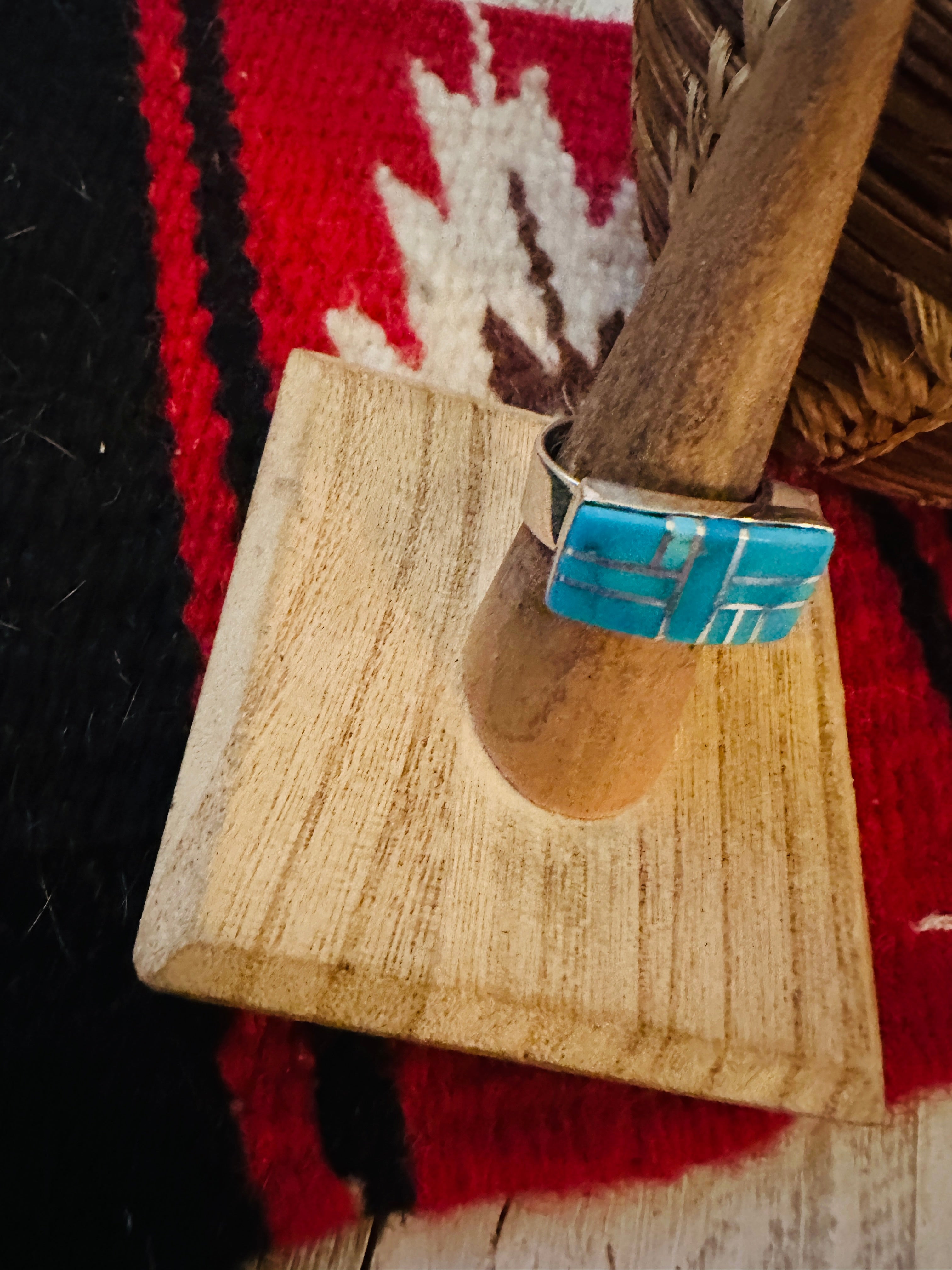 Navajo Turquoise & Sterling Silver Inlay Ring Size 7 by Julia Etsitty