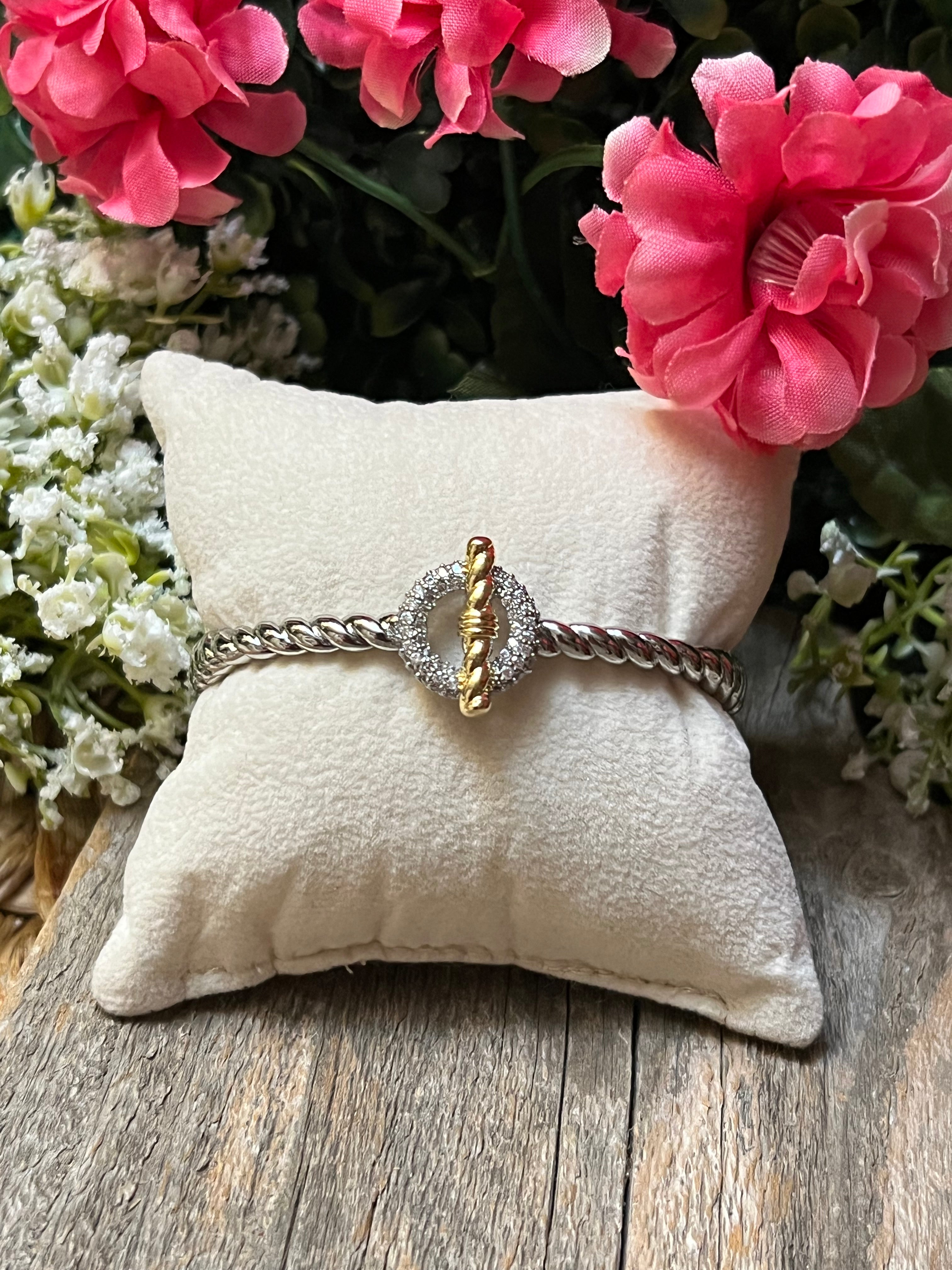 Silver & 14k Gold Plated CZ Toggle Bar Bangle Bracelet