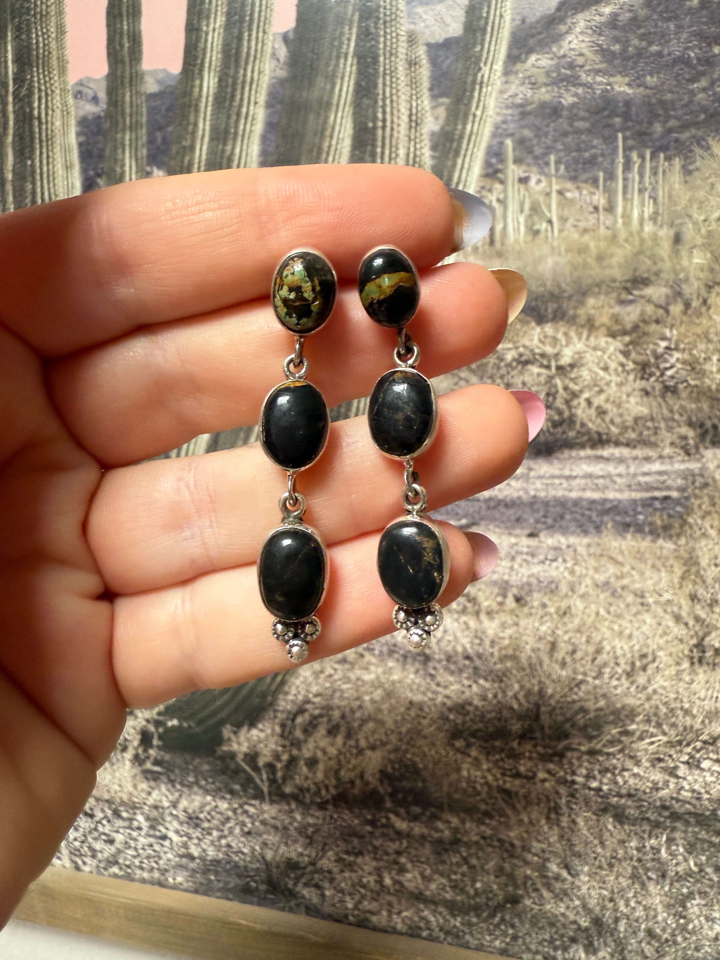 Handmade Sterling Silver Black Jack Dangle Earrings with Signed Nizhoni