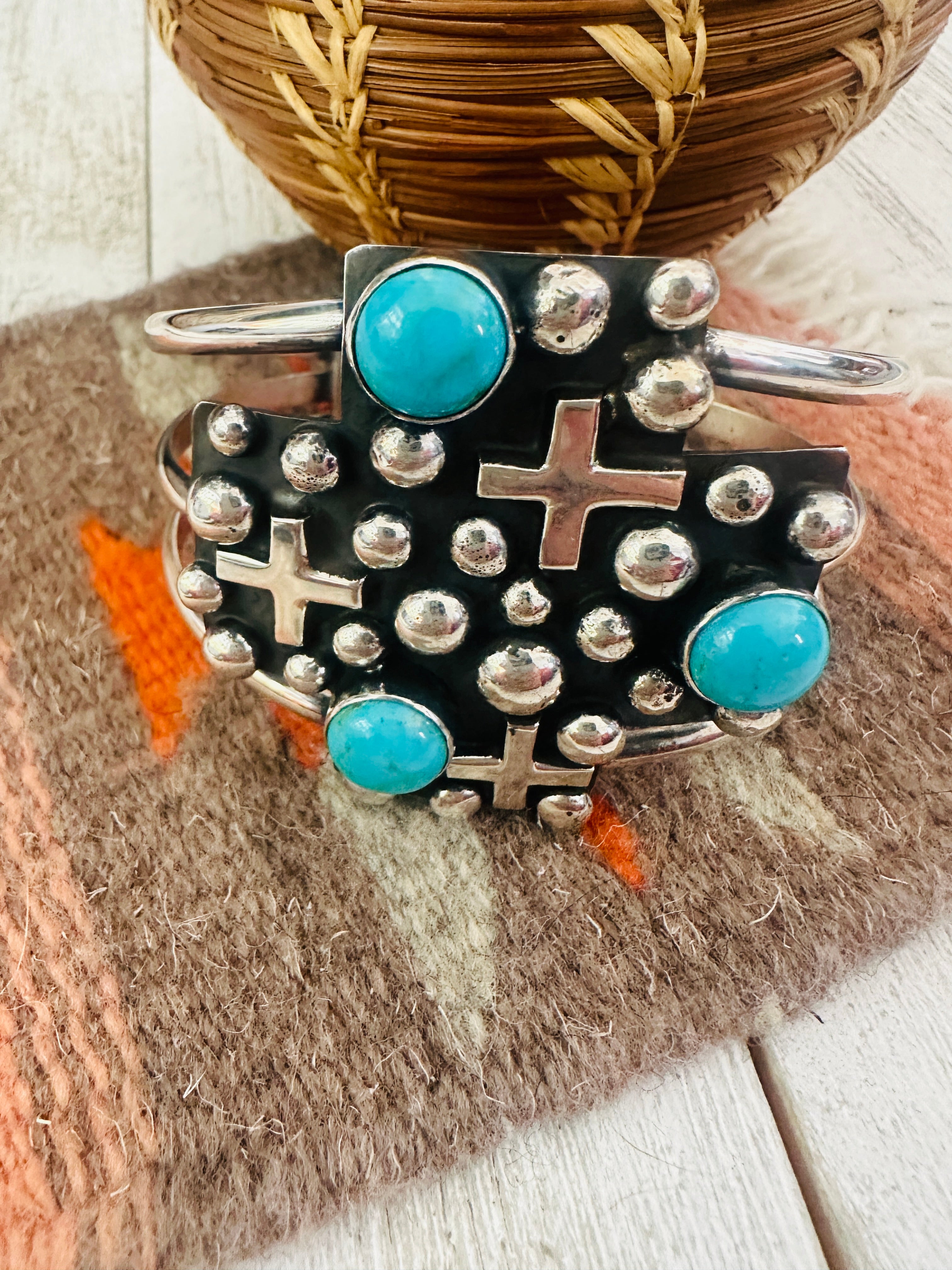 Navajo Turquoise & Sterling Silver Cross Cuff Bracelet By Chimney Butte /