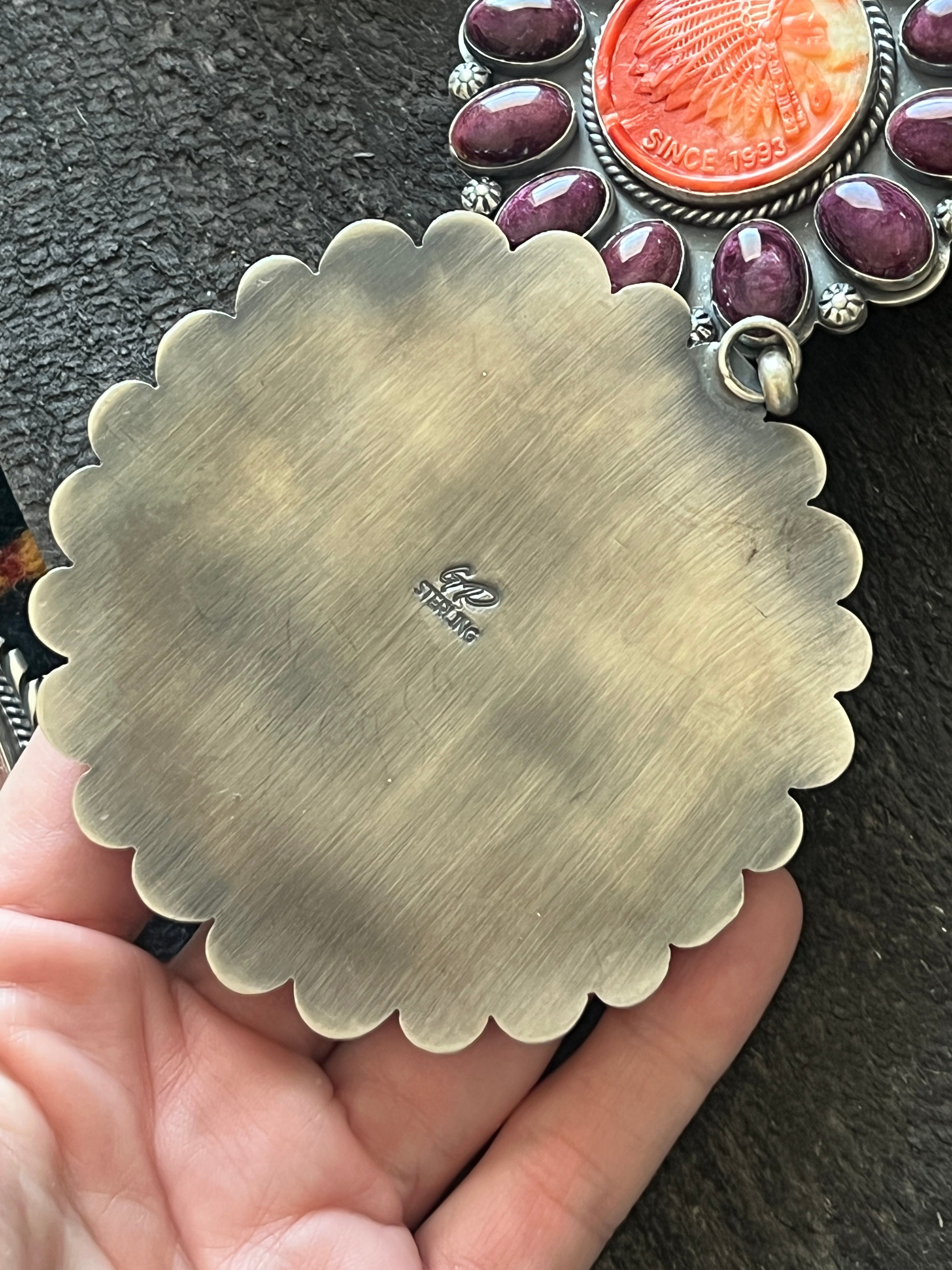 Handcrafted Stunning Sterling Silver, Carved Spiny Oyster and Turquoise Necklace by Gilbert Platero