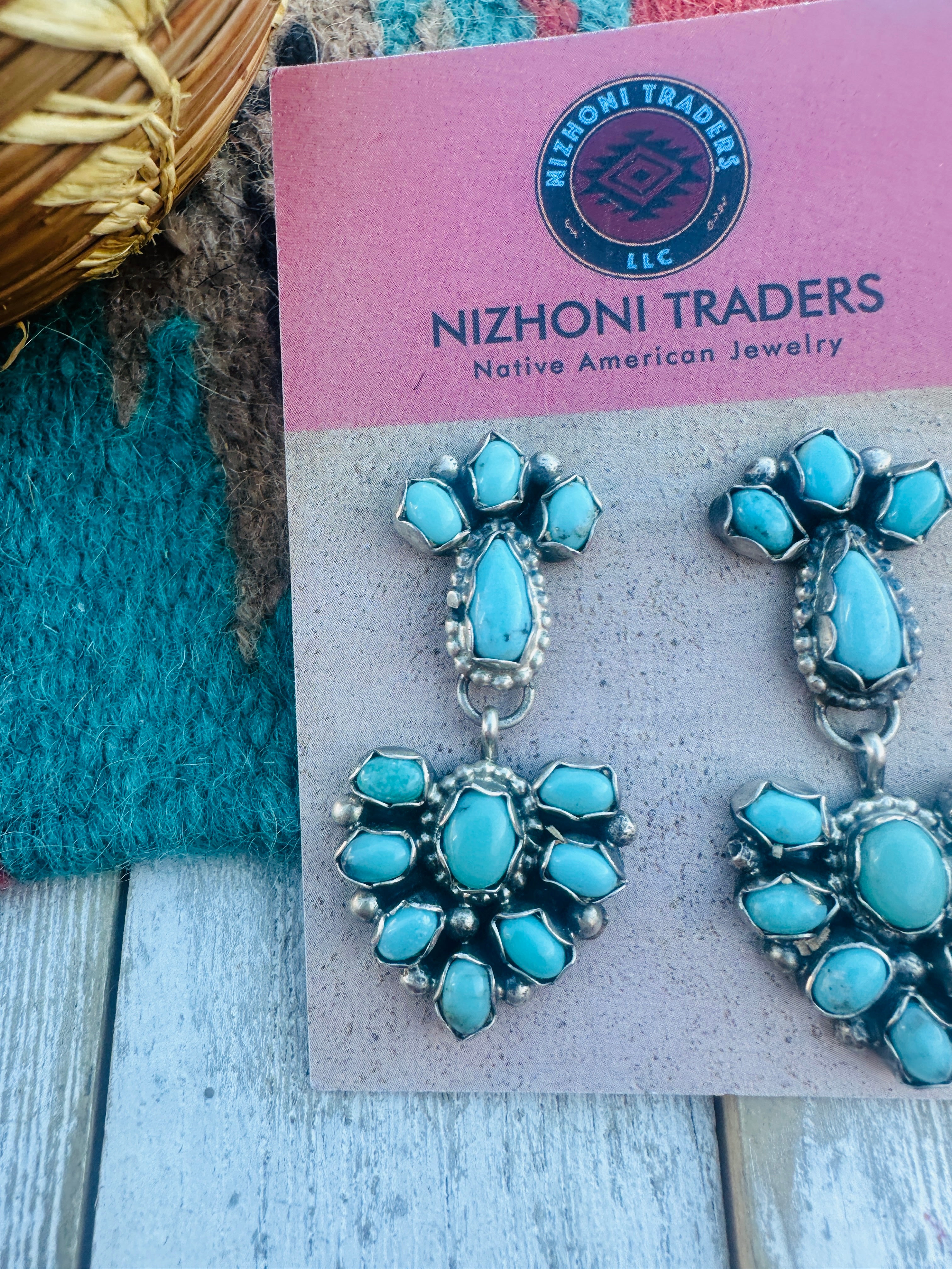 Handcrafted Turquoise And Sterling Silver Cluster Dangle Earrings by Sheila Becenti