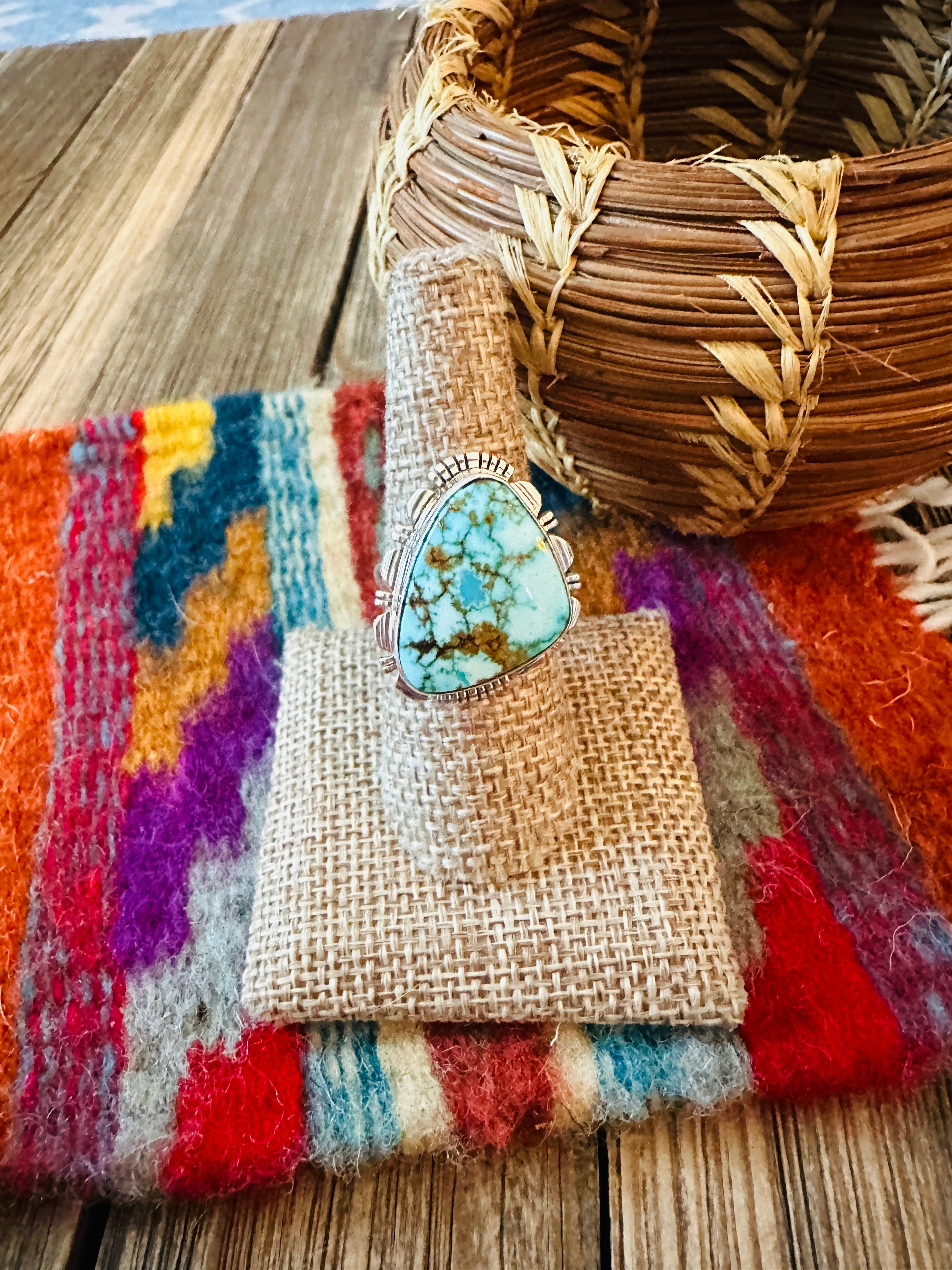 Handcrafted Sonoran Mountain Turquoise & Sterling Silver Ring size 8