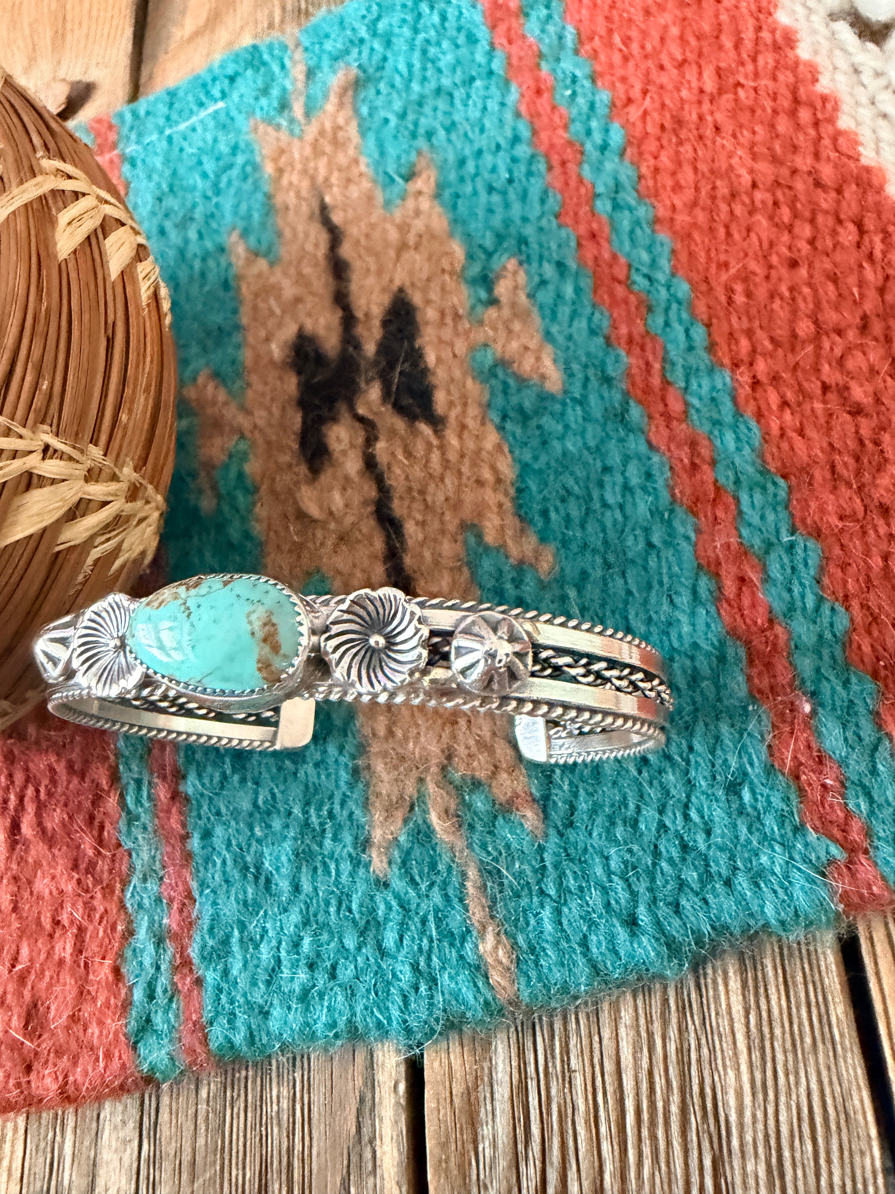 Handcrafted Sterling Silver & Turquoise Flower Cuff Bracelet