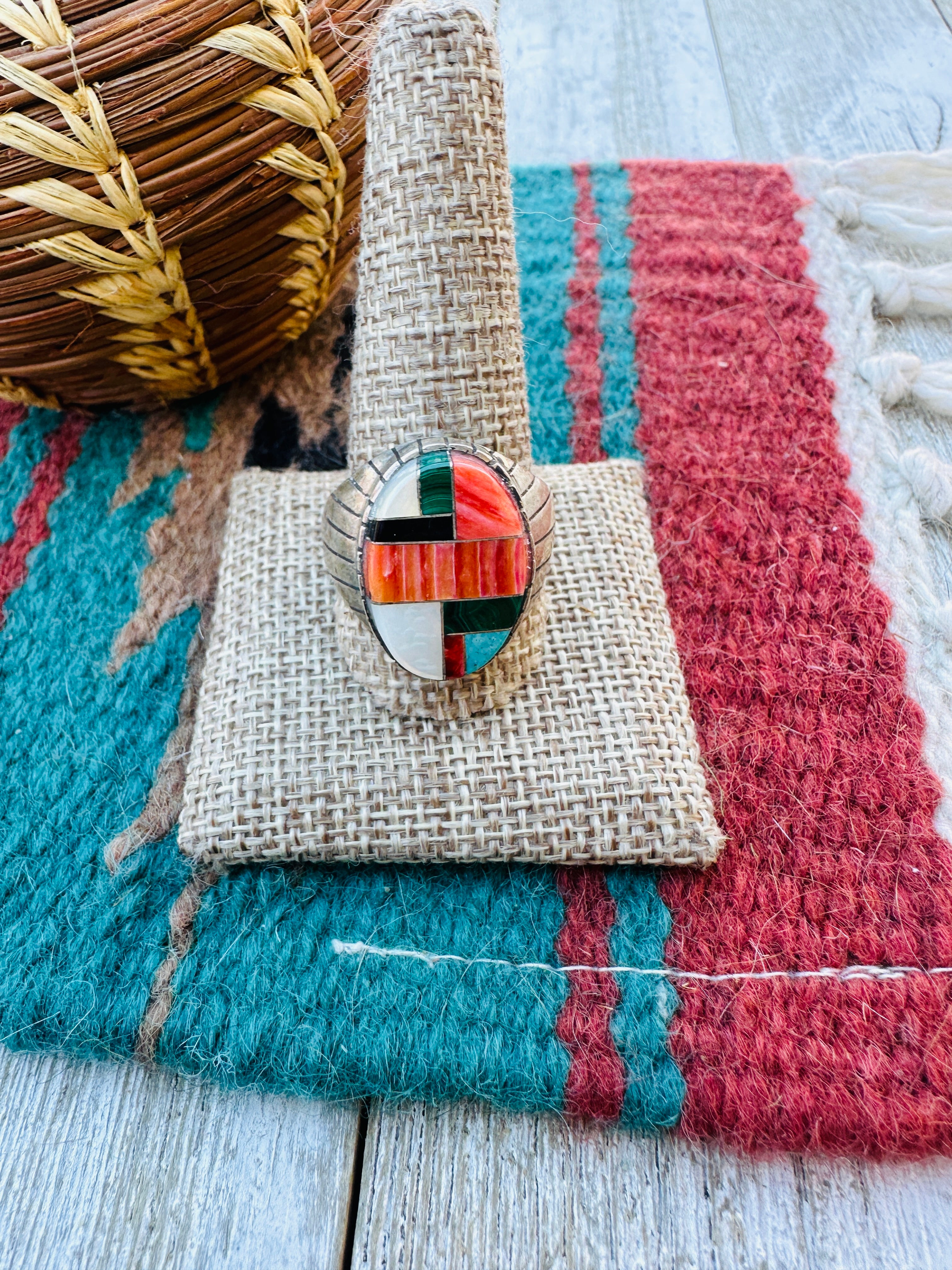 Old Pawn Handcrafted Multi Stone & Sterling Silver Inlay Ring Size 13