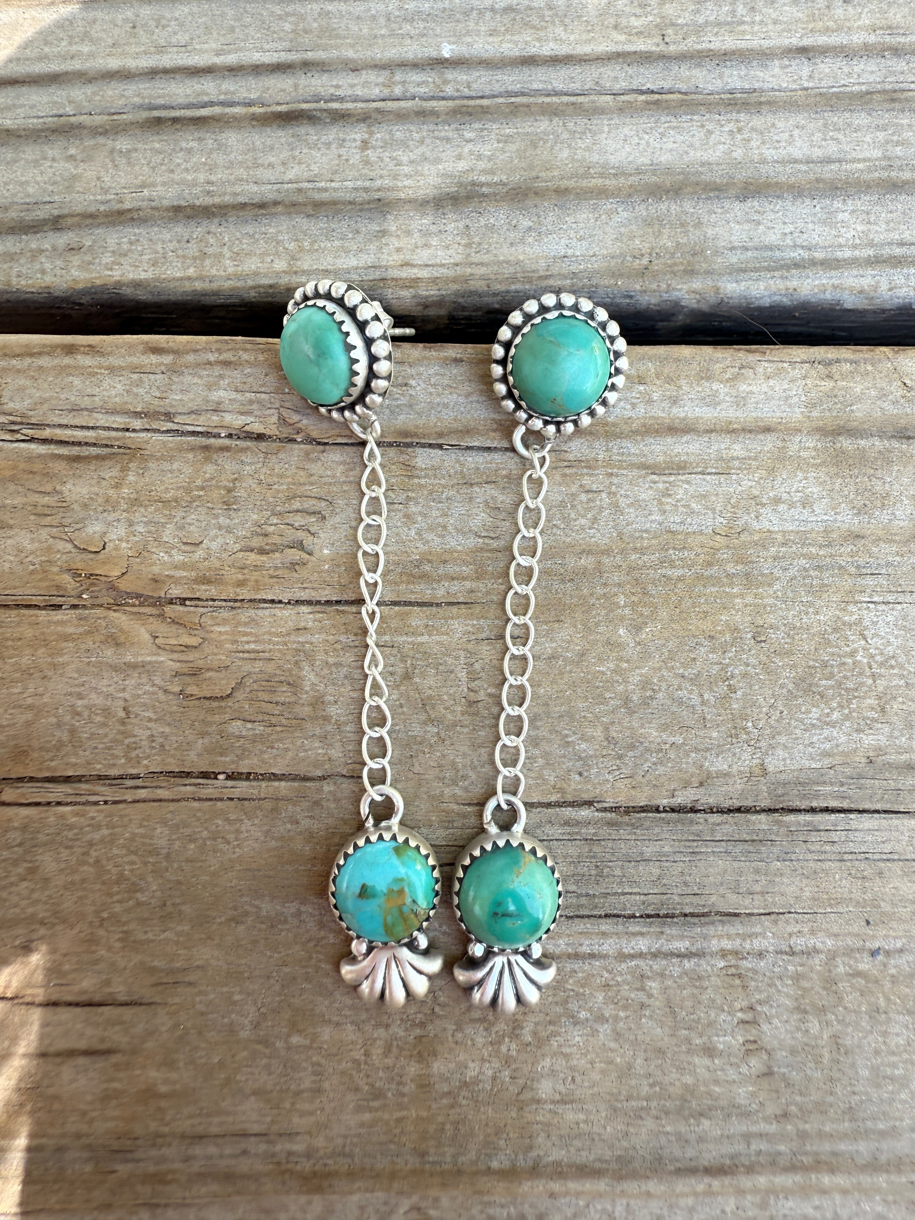 Handmade Sterling Silver Kingman Turquoise Dangle Earrings Signed Nizhoni 2 Stone