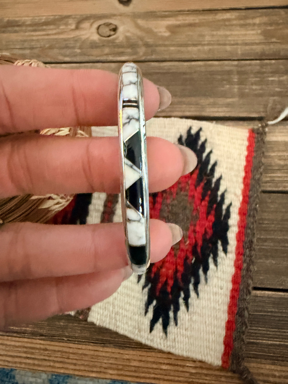 Handcrafted White Buffalo, Onyx & Sterling Silver Inlay Cuff Bracelet