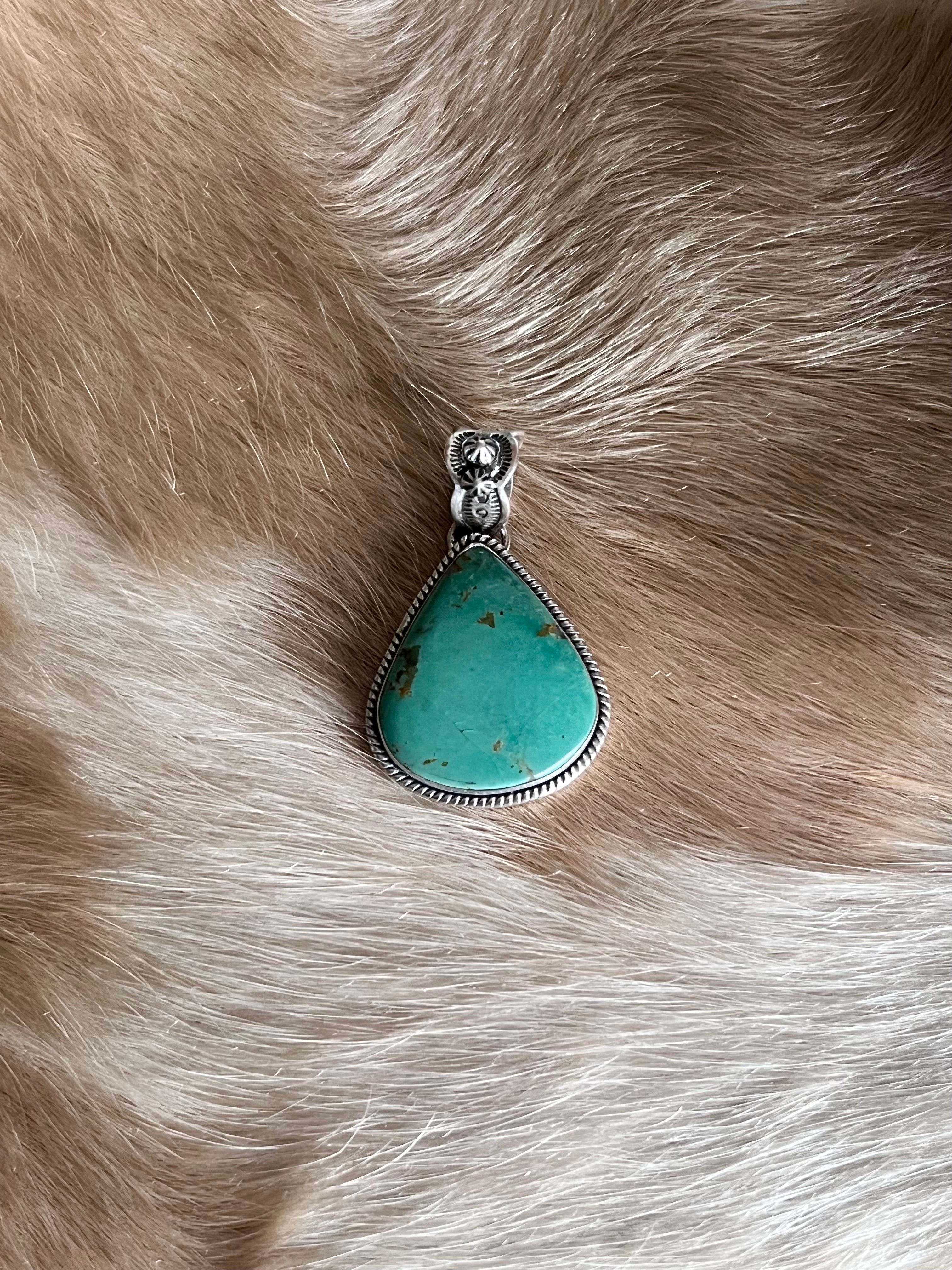 Handmade Green Turquoise Tear Drop Sterling Silver Pendant