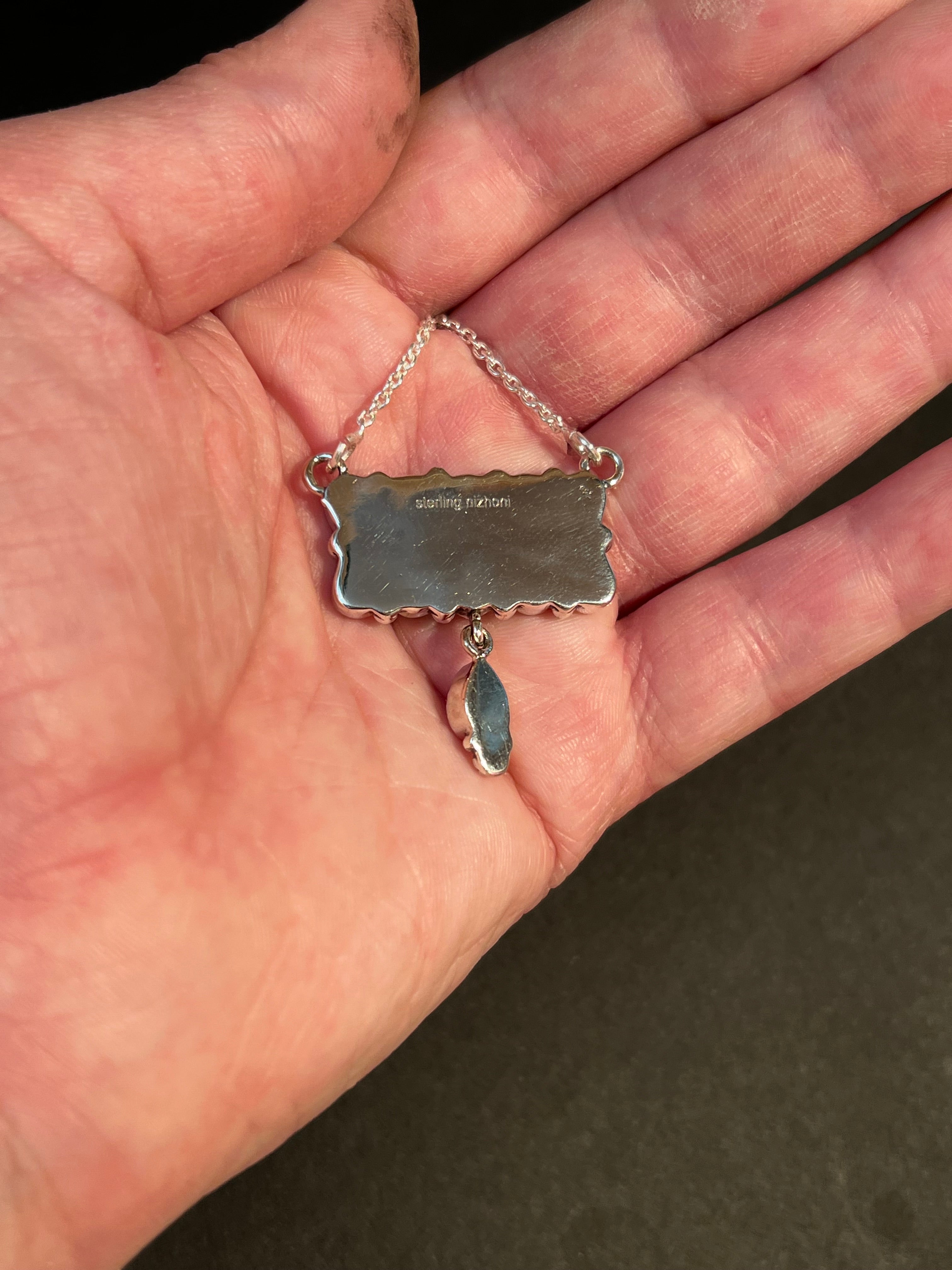 Handmade Sterling Silver & Fire Pink Opal Tear Drop Dangle, Bar Necklace