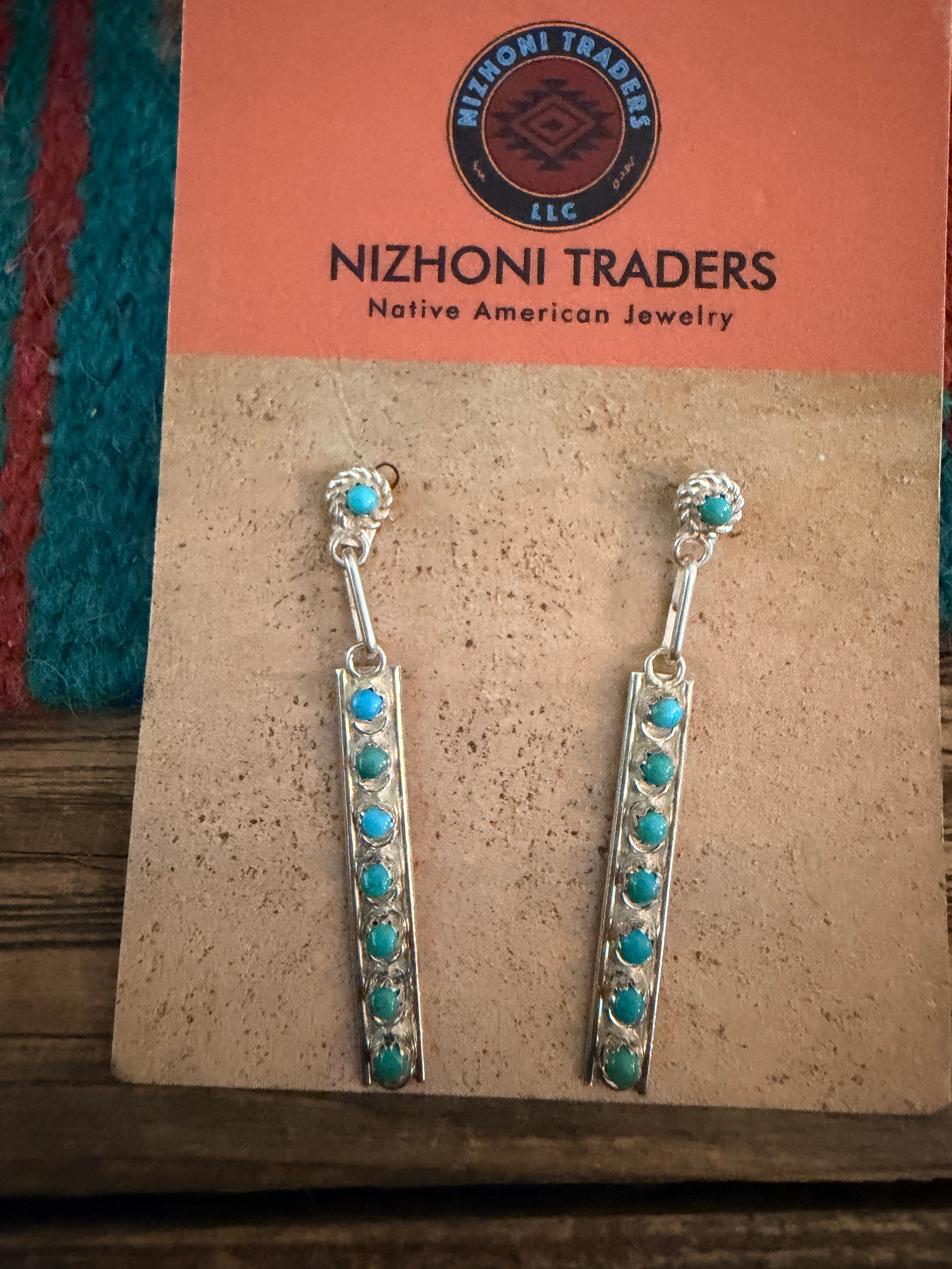 Old Pawn Handcrafted Turquoise & Sterling Silver Petit Point Dangle Earrings