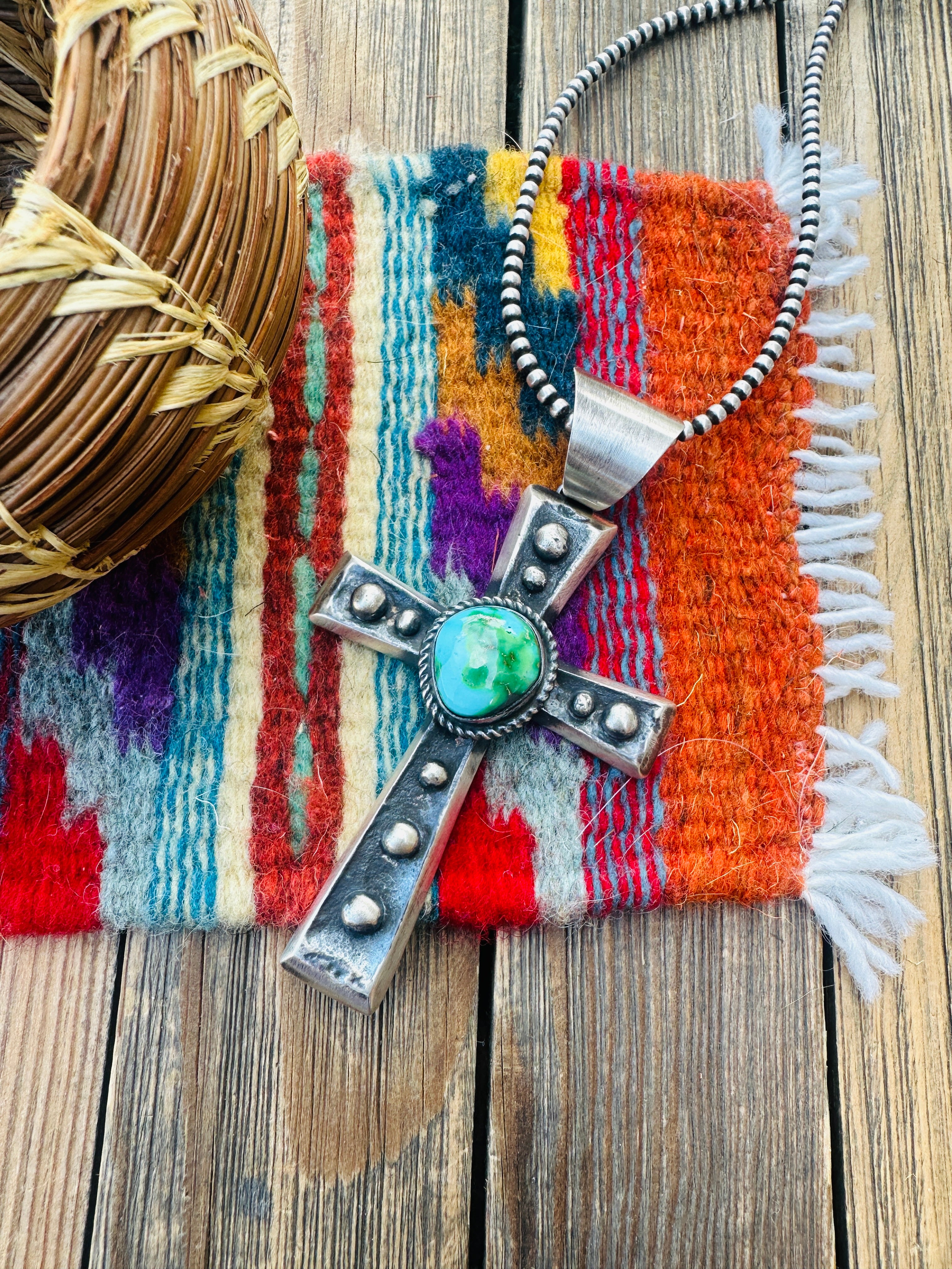 Handcrafted Sonoran Mountain Turquoise & Sterling Silver Cross Pendant by Chimney Butte