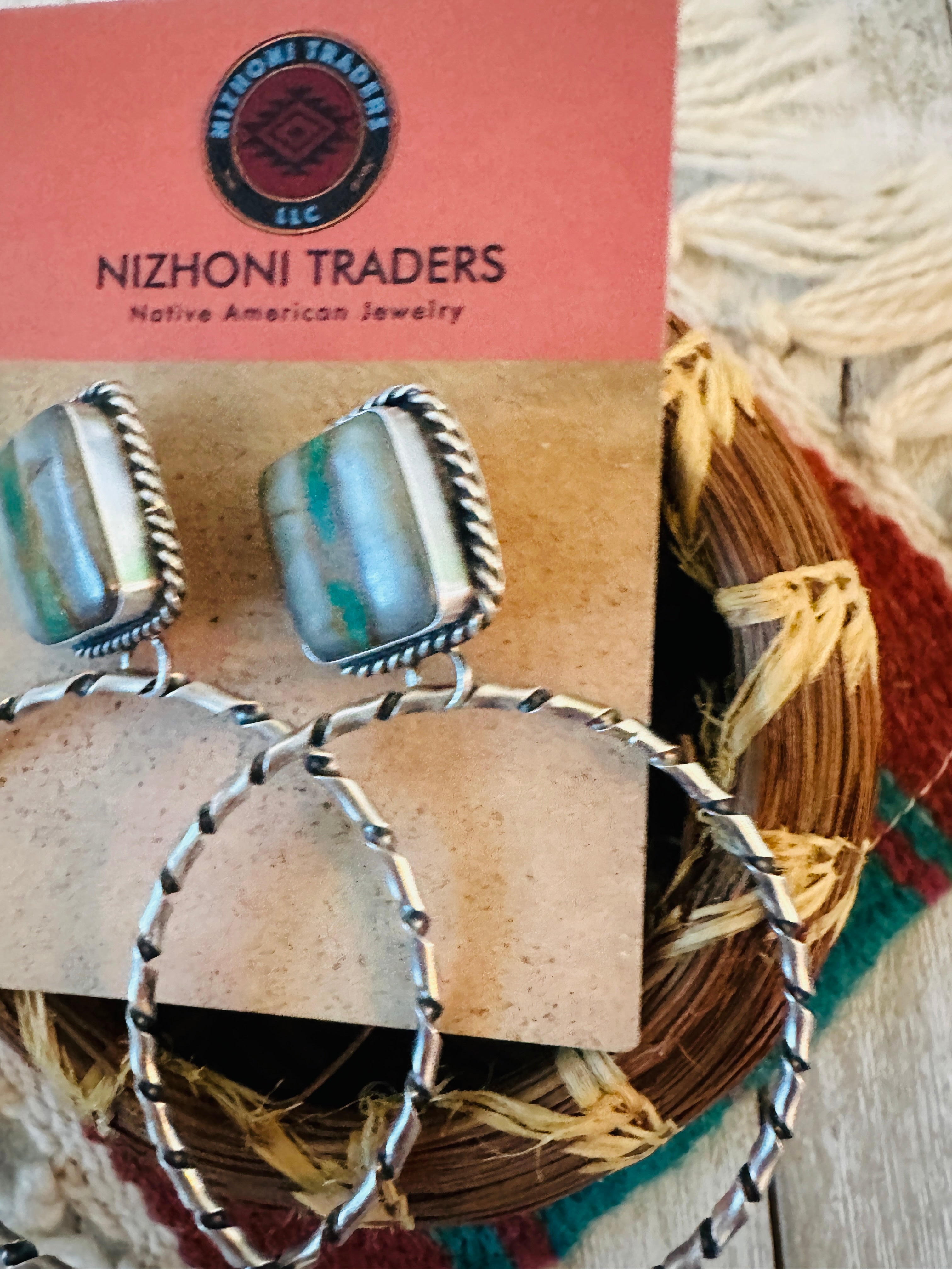 Navajo Ribbon Turquoise and Sterling Silver Dangle Hoop Earrings