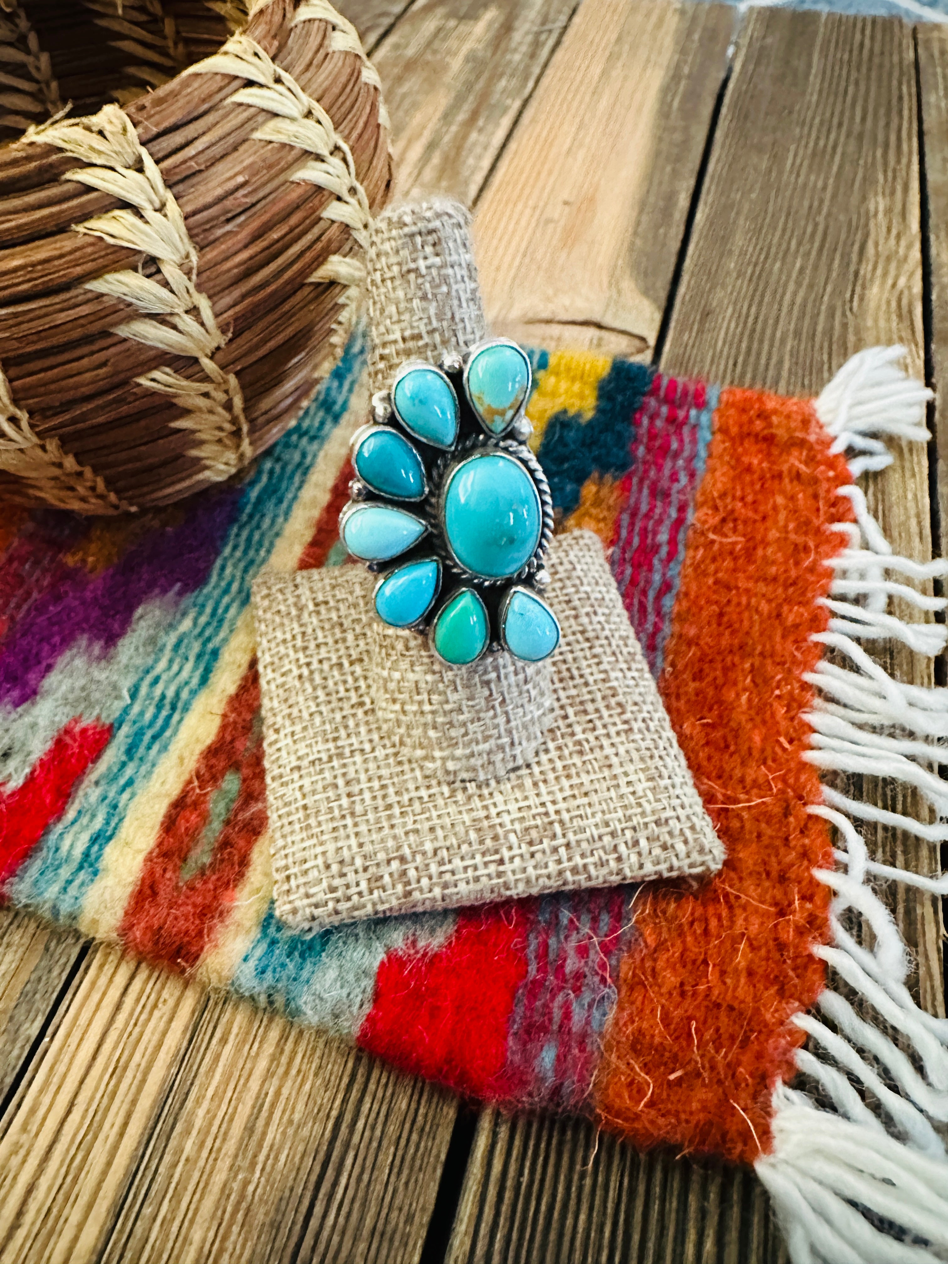 Handcrafted Turquoise & Sterling Silver Adjustable Cluster Ring by Elouise Richards