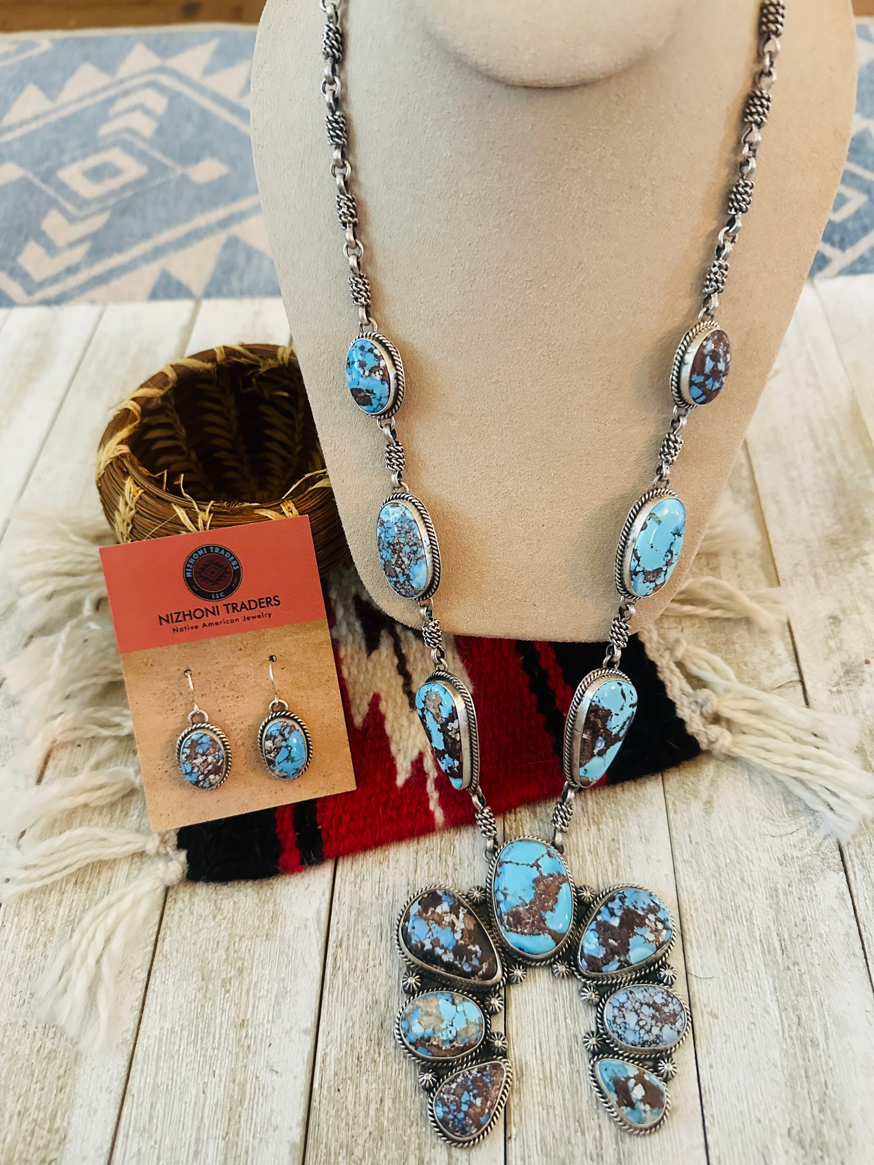 Handcrafted Golden Hills Turquoise & Sterling Silver Squash Blossom Necklace Set by Patrick Yazzie