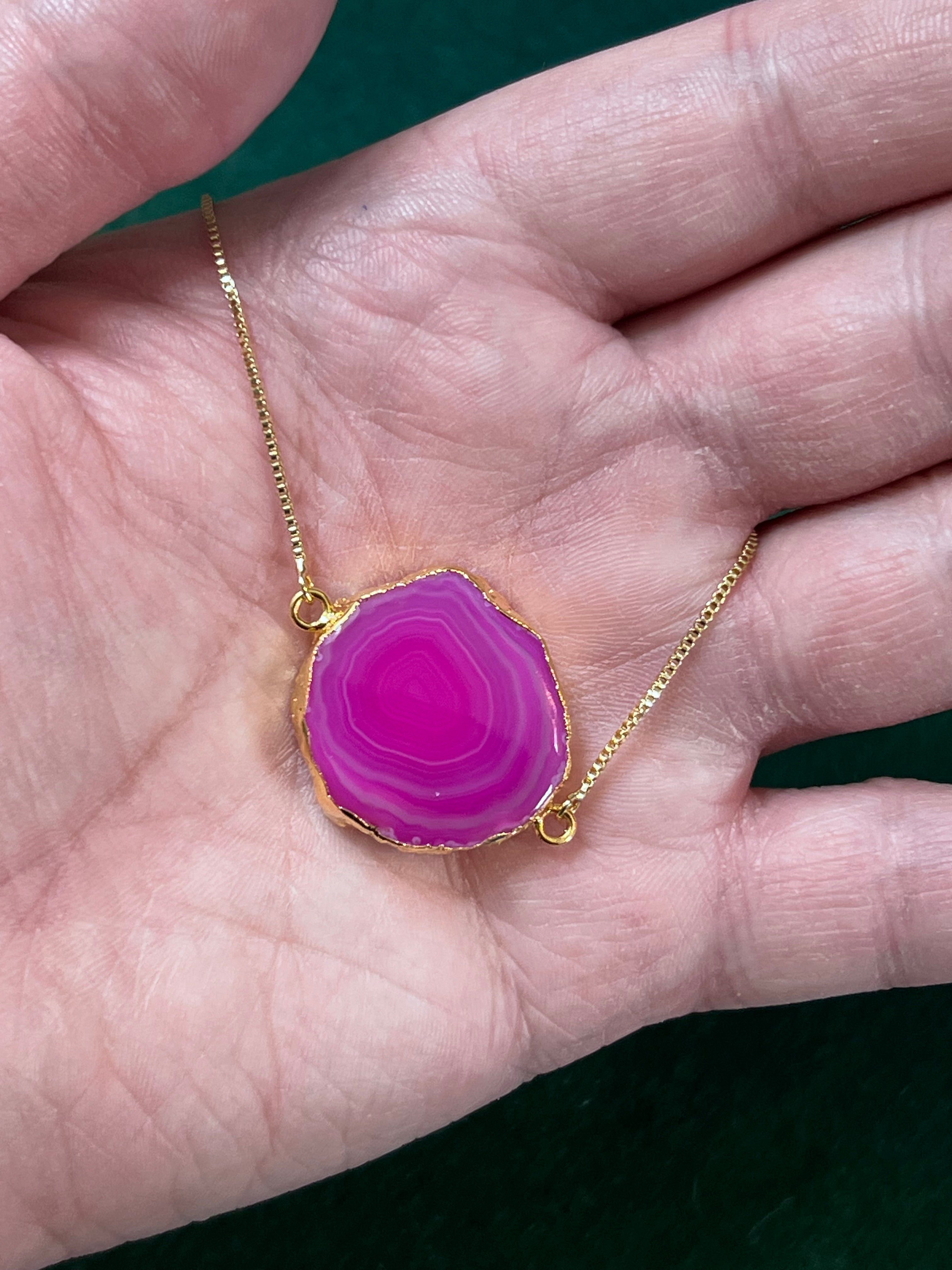 Handmade 14k Gold Druzy Plated Brass & Hot Pink Geode Adjustable Bracelet