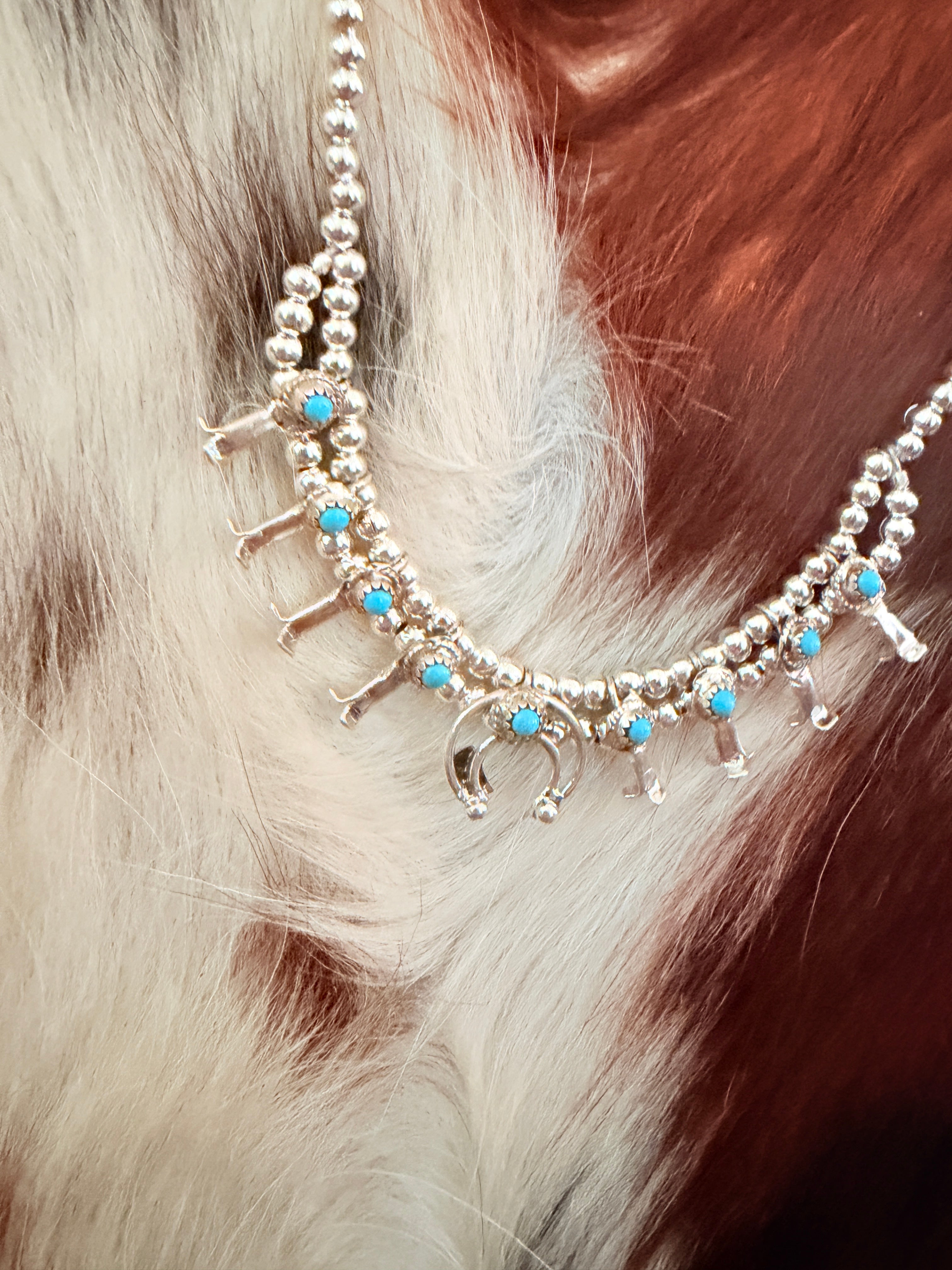 Handcrafted Turquoise & Sterling Silver Beaded Mini Squash Blossom Necklace